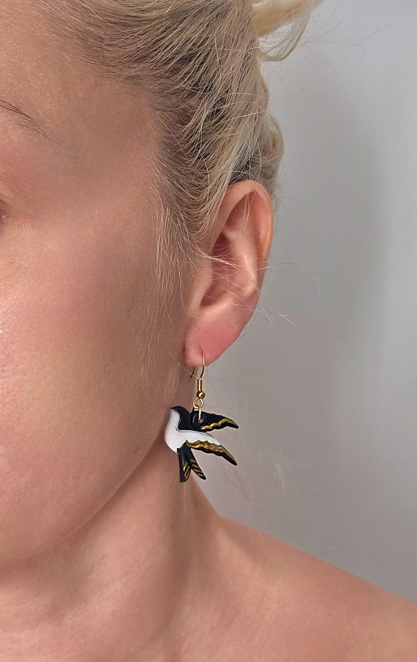 Handmade black & gold swift bird drop earrings |Polymer clay earrings | animal bird earrings | gift for her | light weight earrings