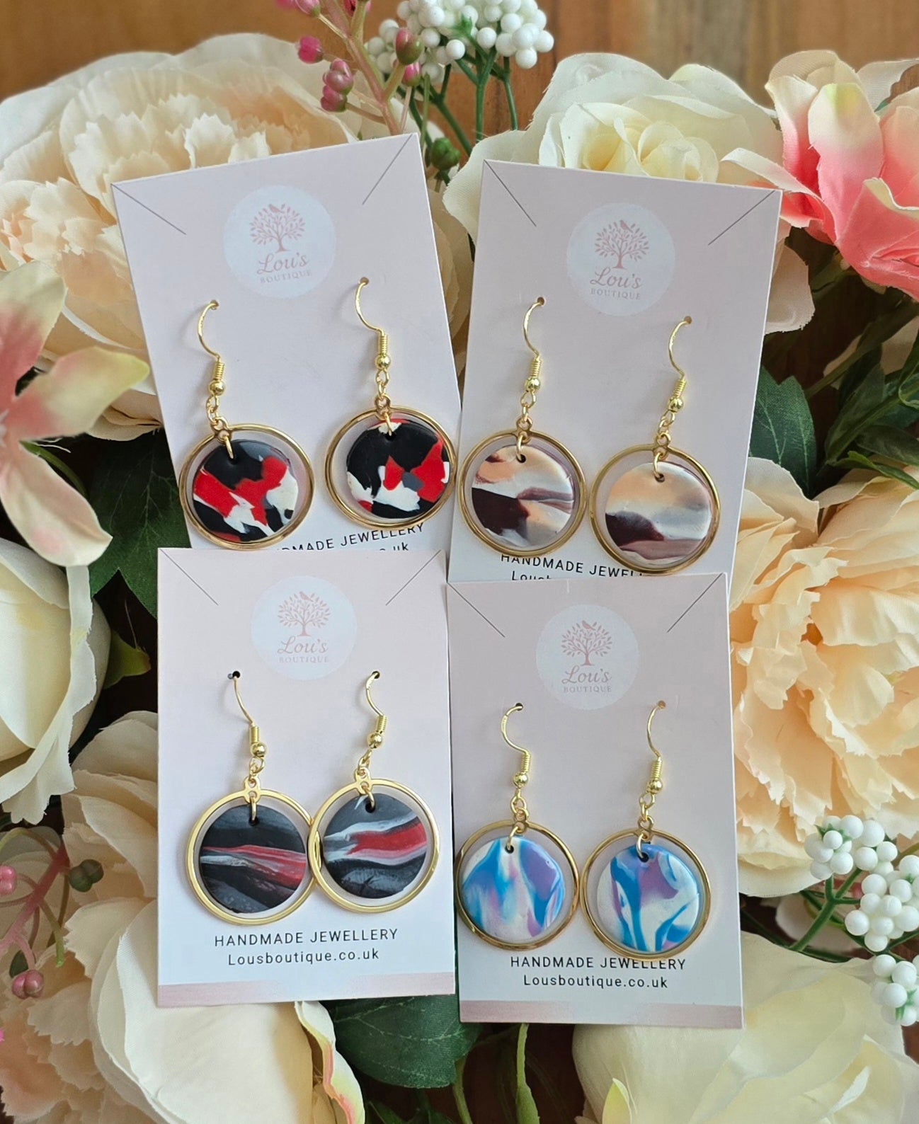 Handmade gold circle marble multicolour dangle drop earrings |Polymer clay |summer statement earrings |gift for her |light weight earrings