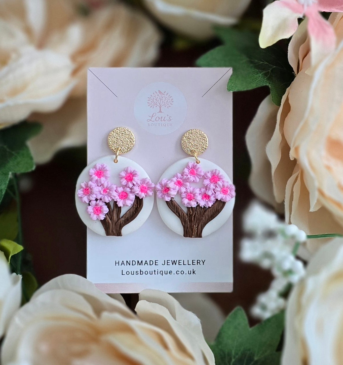 Handmade cherry blossom tree sterling silver or gold dangle stud earrings, nature inspired, lightweight earrings, gift for her, Polymer clay