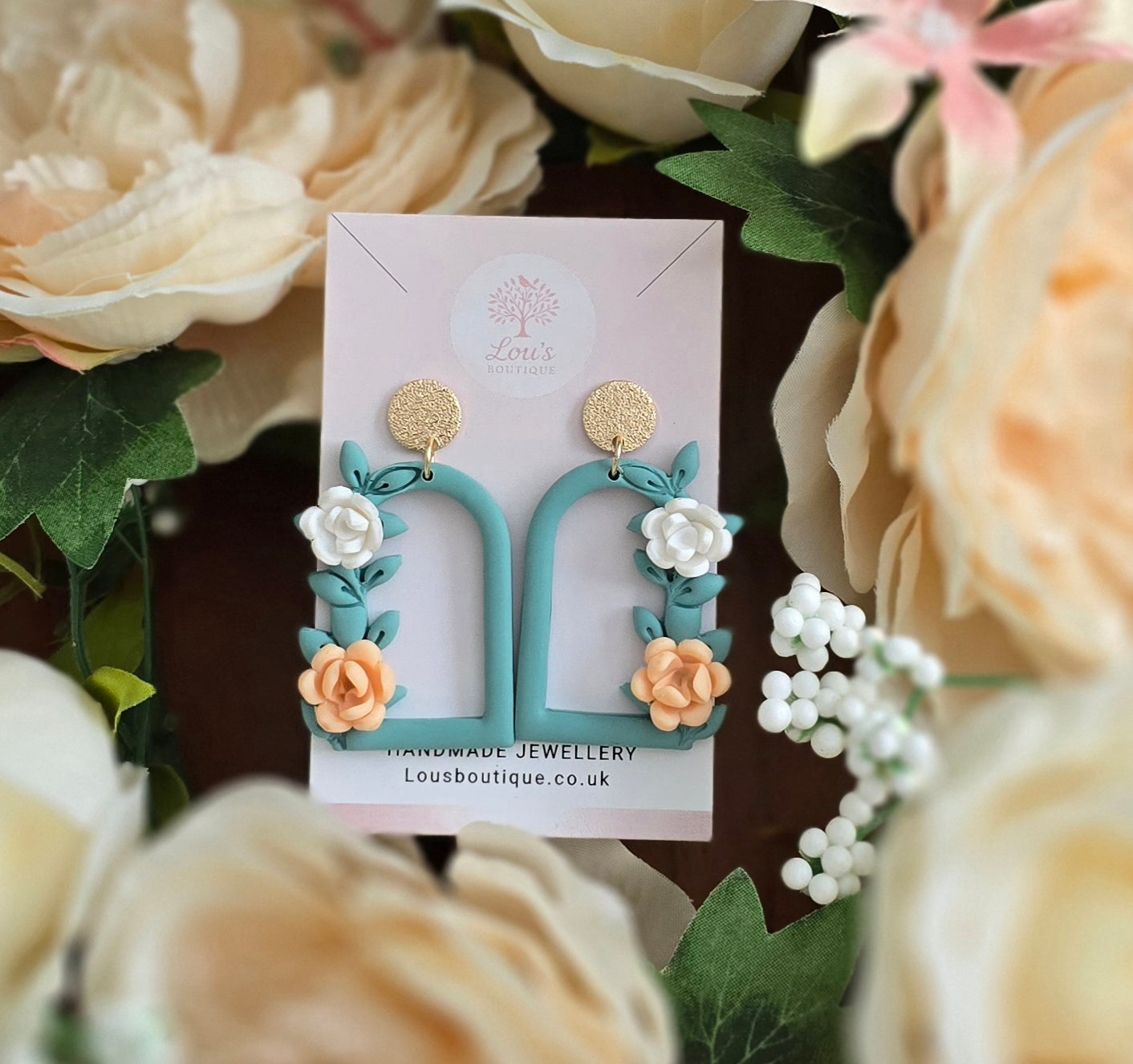 Handmade unique sage green window floral flower sterling silver or gold stud earrings | lightweight earrings | gift for her | Polymer clay