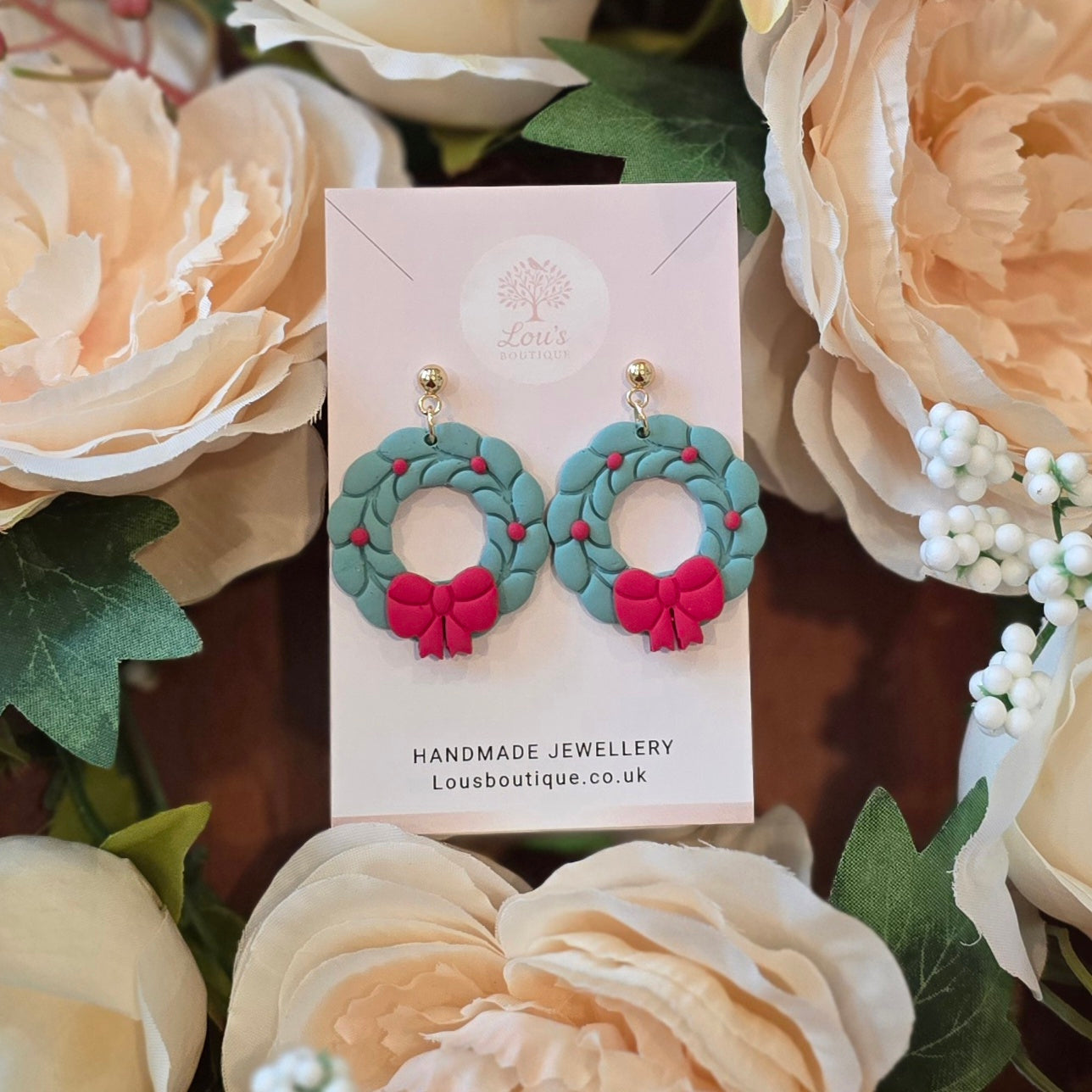 Handmade Christmas dangle stud Earrings, festive season earrings, Bows, Tree, Reef, Pearl