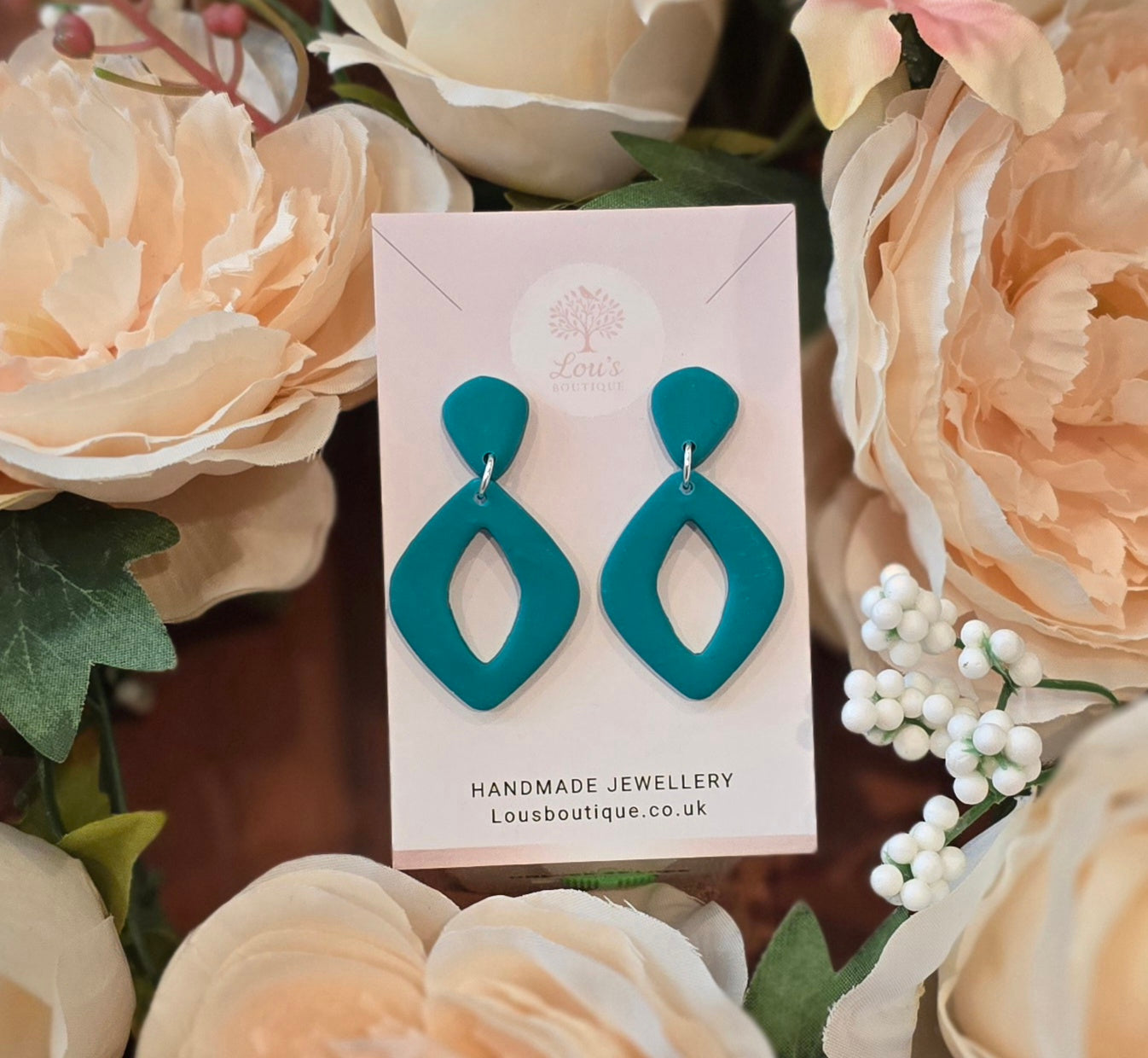 Handmade classic teardrop cut out dangle earrings, lightweight polymer clay, sterling silver studs