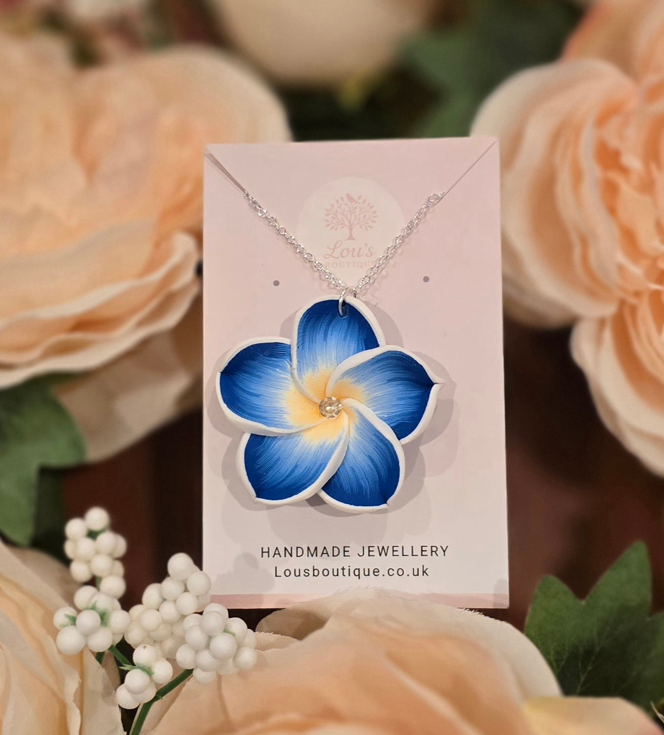 Handmade blue frangipani flower necklace, nature, floral, Gold or silver plated