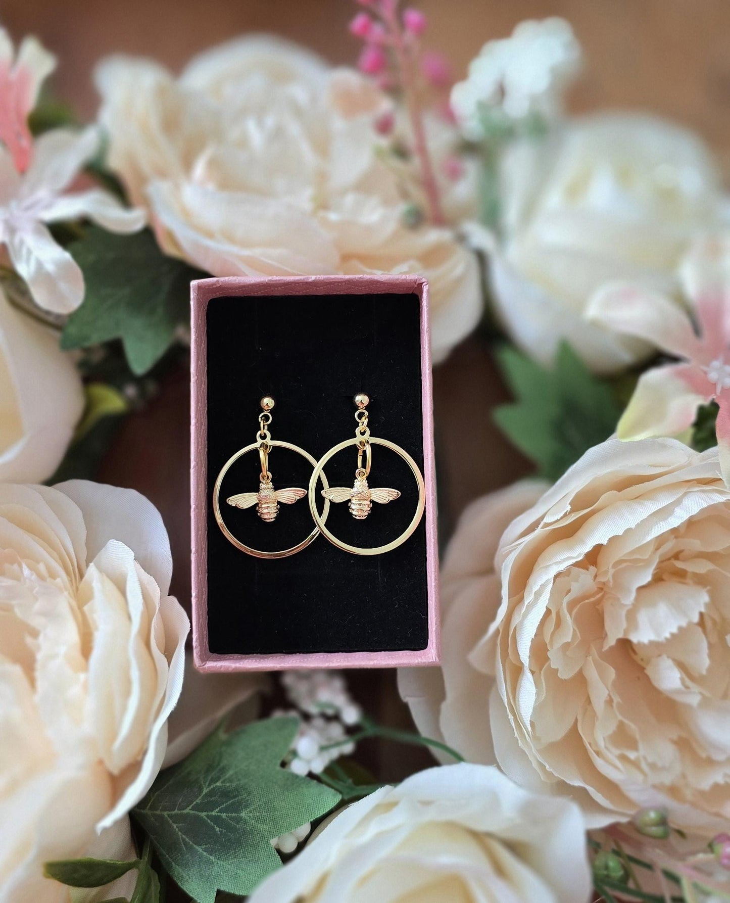 Handmade 14k gold Bee in circle earrings and/or necklace | summer statement set | light weight earrings | gift for her | nature animal boho