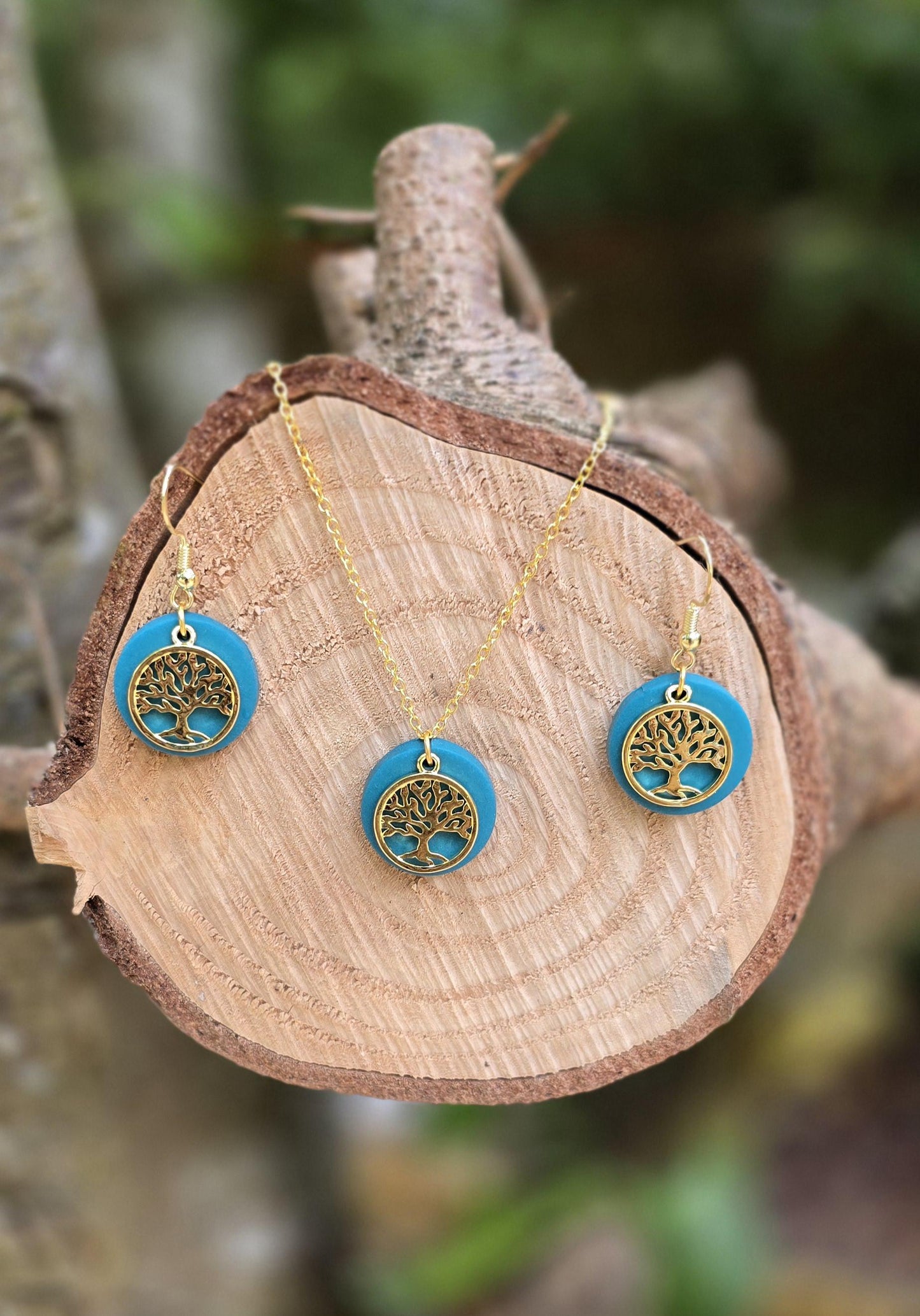 Handmade 14k gold Tree dangle drop earrings & necklace set blue, coral, pink |Polymer clay | summer statement | gift for her | light weight