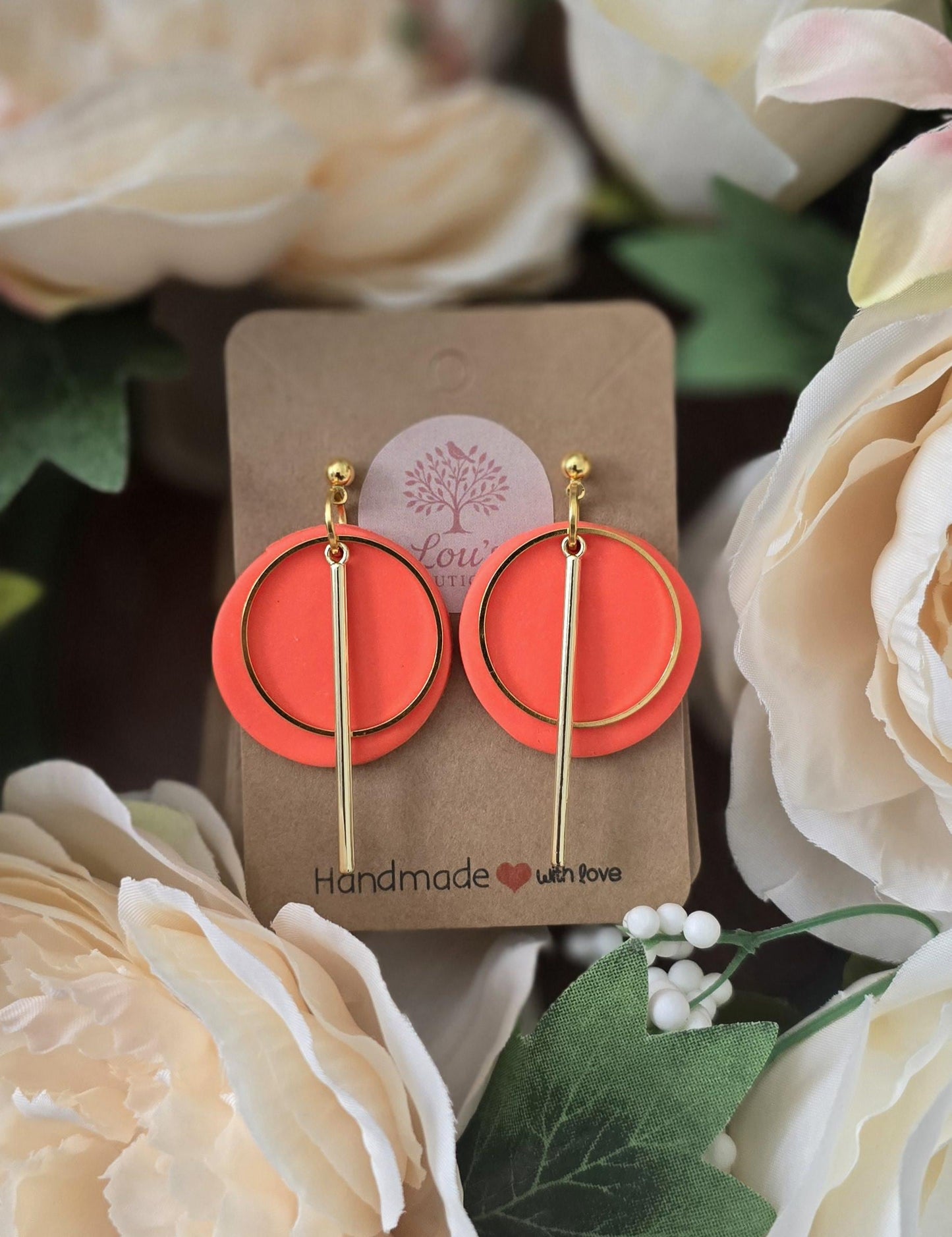 Handmade coral or purple clay & gold circle dangle drop earrings |Polymer clay |summer statement earings |gift for her |light weight earings