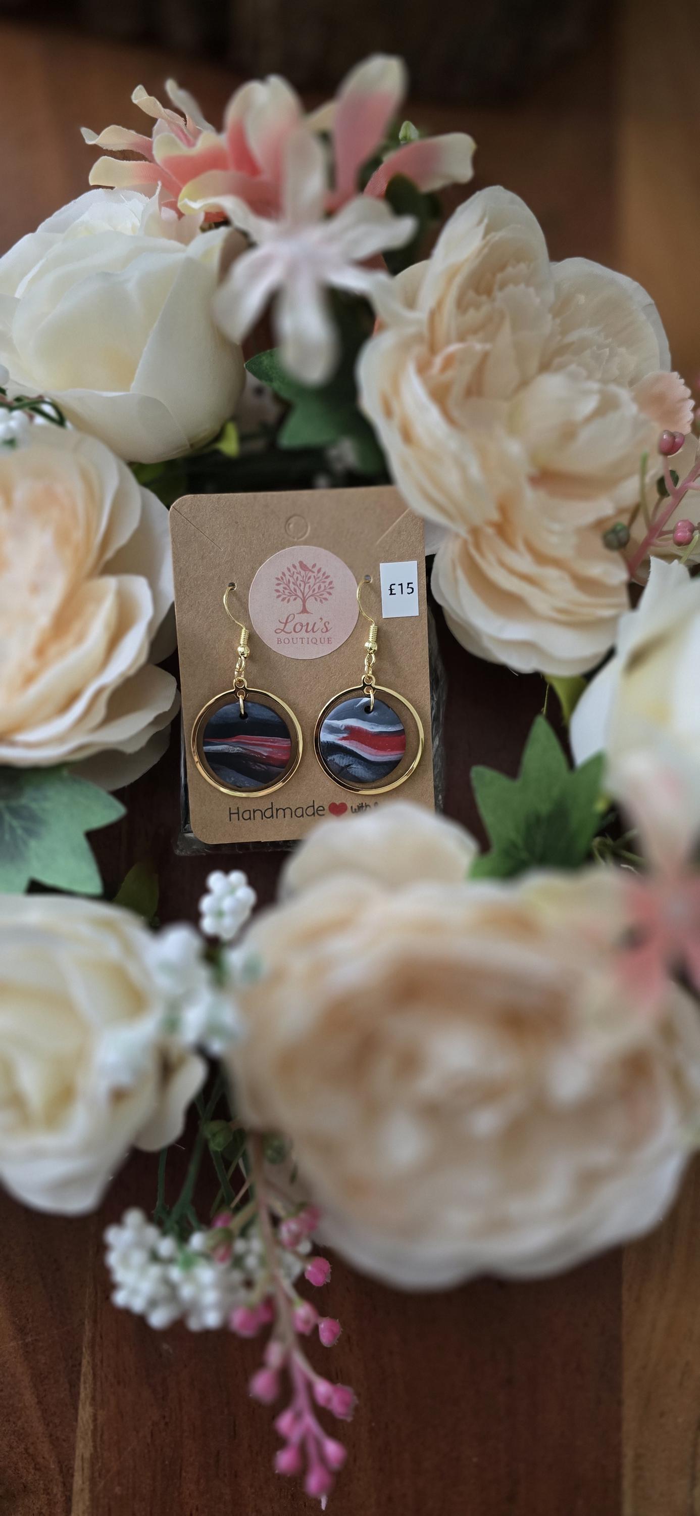 Handmade gold circle marble multicolour dangle drop earrings |Polymer clay |summer statement earrings |gift for her |light weight earrings