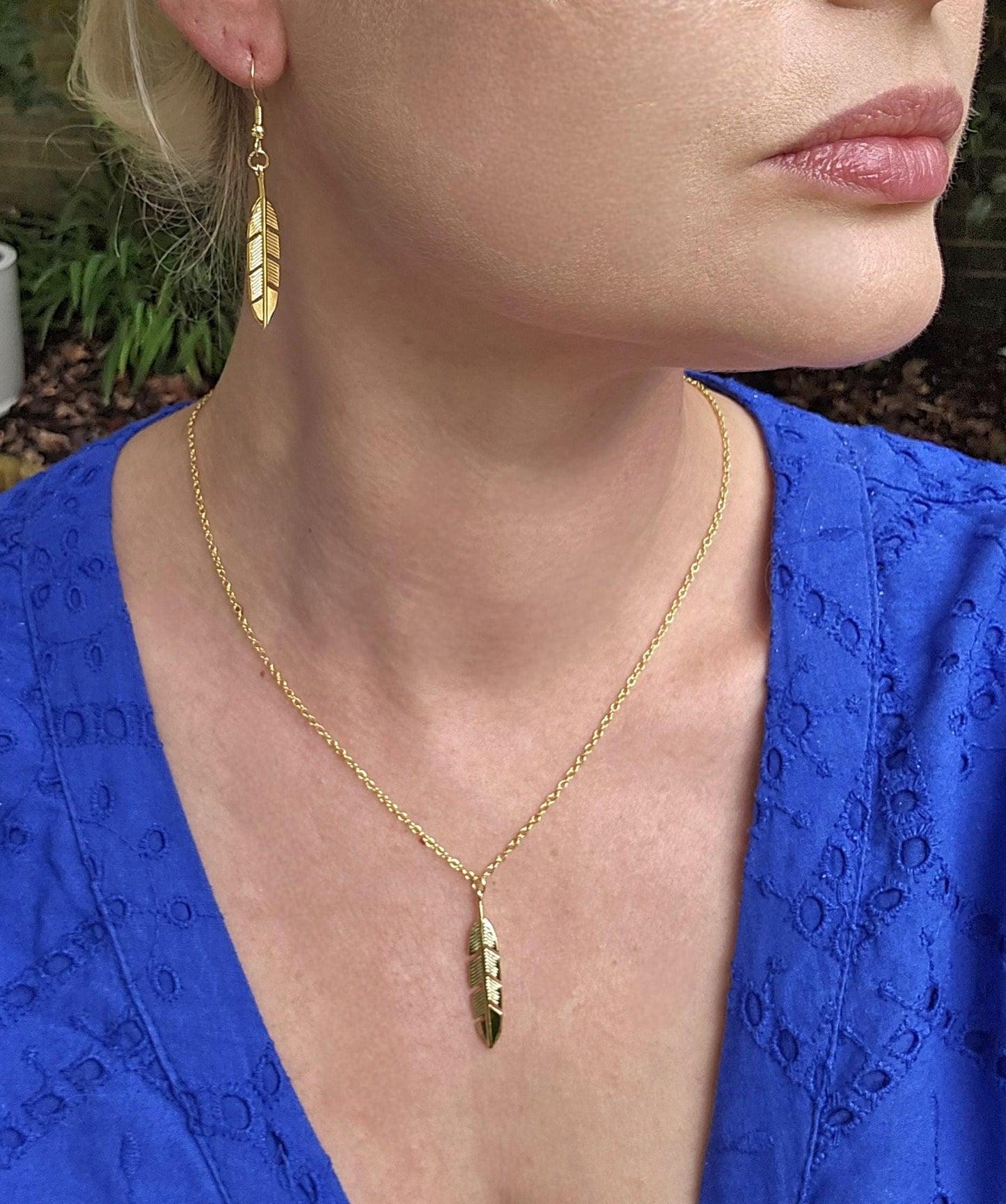 Handmade 14k gold whimsical boho feather earrings and necklace set | summer statement set | light weight earrings | gift for her | nature