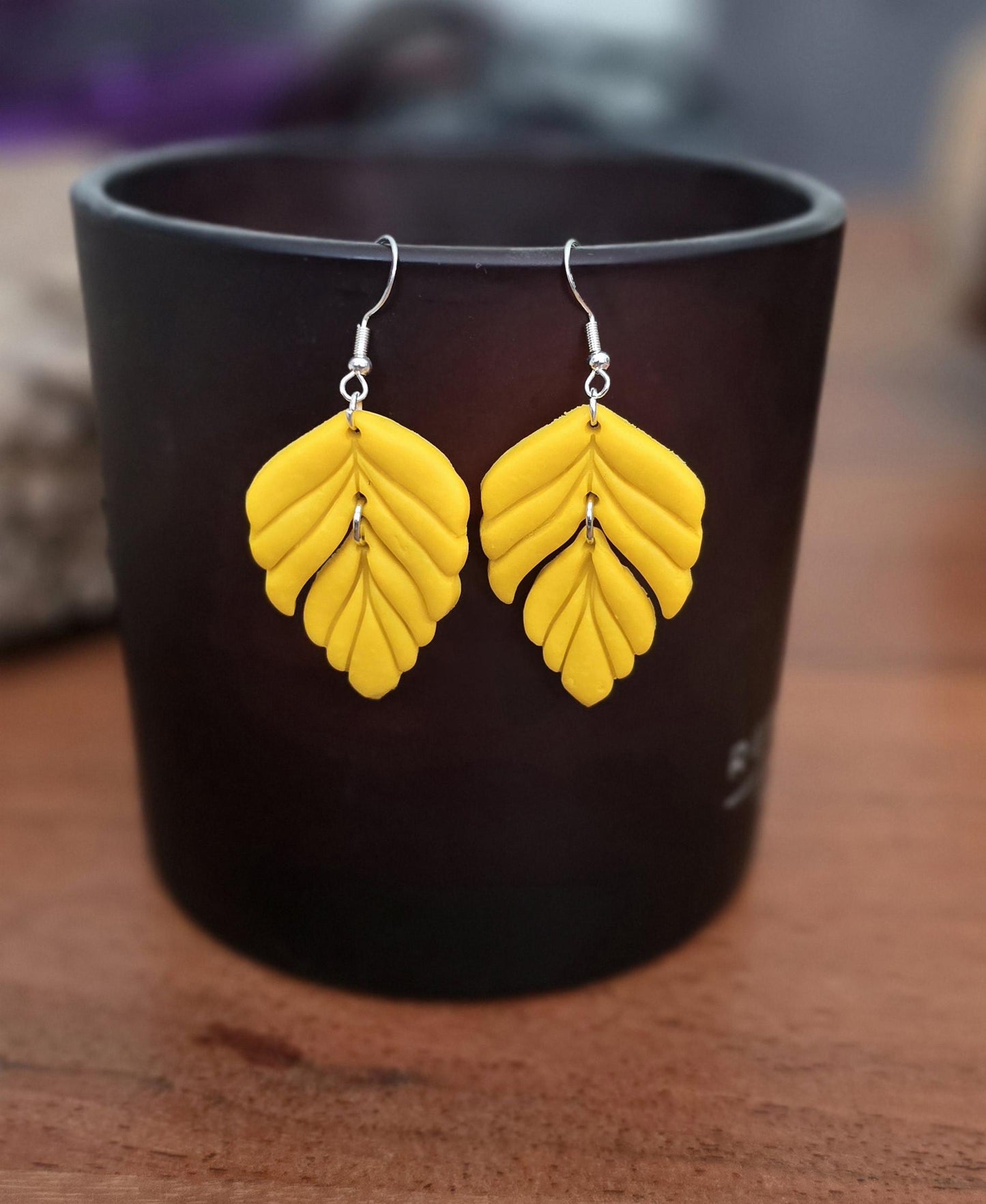 Handmade Sterling silver Yellow Leaf dangle drop earrings |Polymer clay earrings |summer statement earrings |light weight earrings