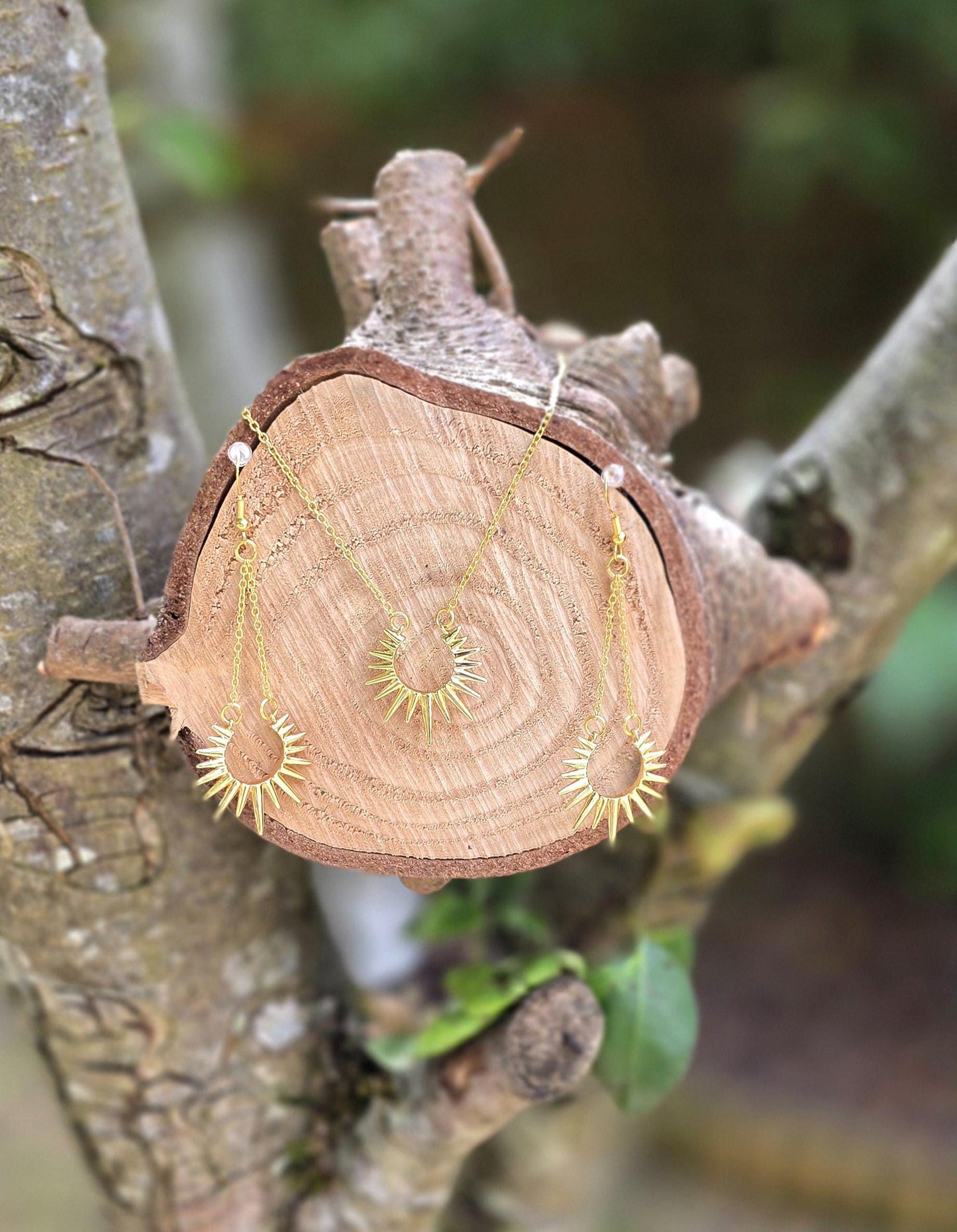 Handmade star burst sun earrings and/or necklace, whimsical boho, 18k gold plated