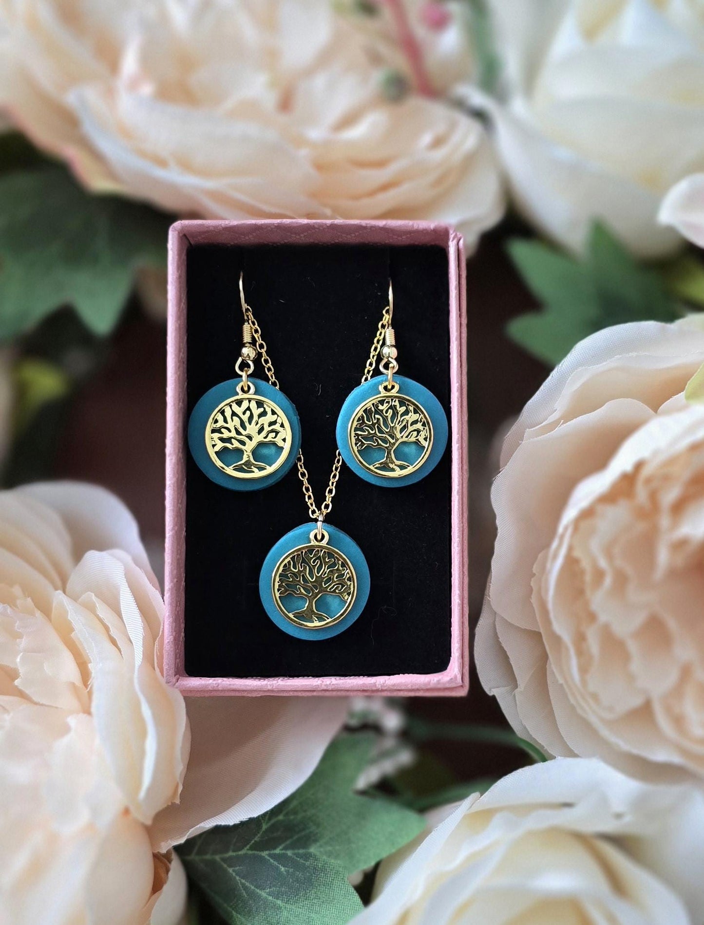 Handmade 14k gold Tree dangle drop earrings & necklace set blue, coral, pink |Polymer clay | summer statement | gift for her | light weight
