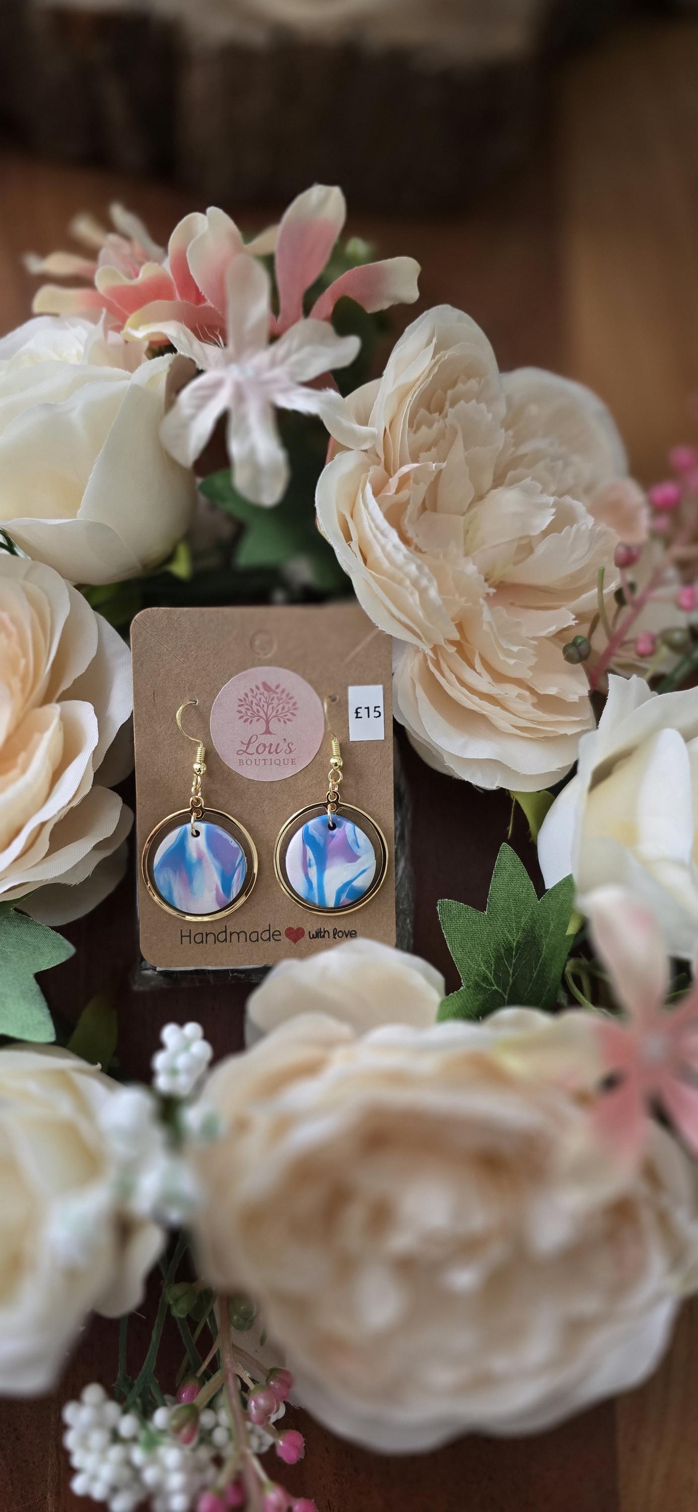 Handmade gold circle marble multicolour dangle drop earrings |Polymer clay |summer statement earrings |gift for her |light weight earrings