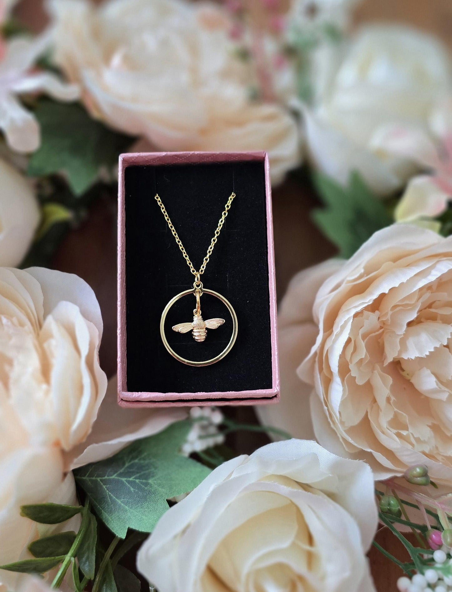 Handmade 14k gold Bee in circle earrings and/or necklace | summer statement set | light weight earrings | gift for her | nature animal boho