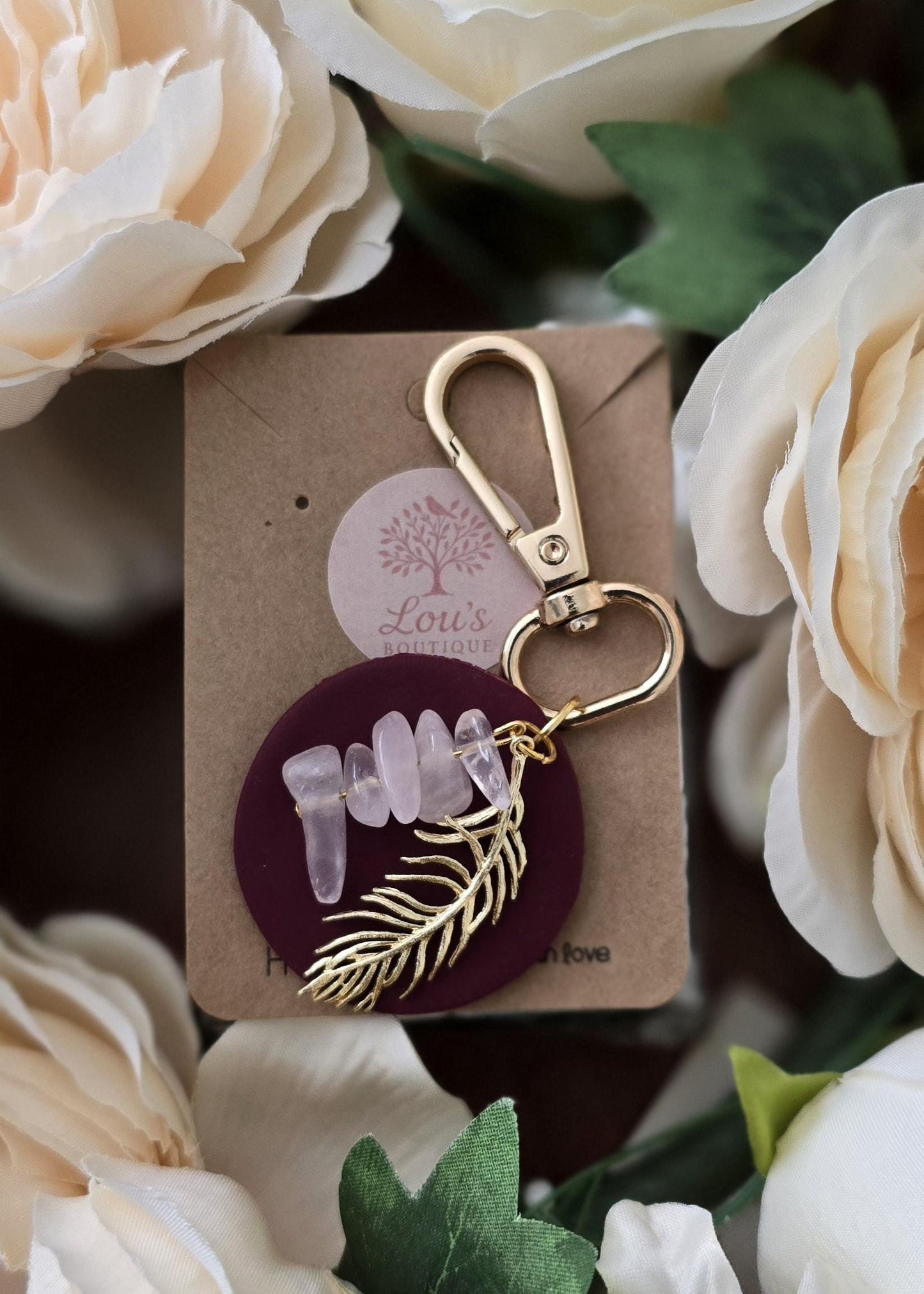 Handmade circle rose quartz & gold feather bag charm, keyring |Polymer clay |summer statement charms |gift for her | dream catcher charm
