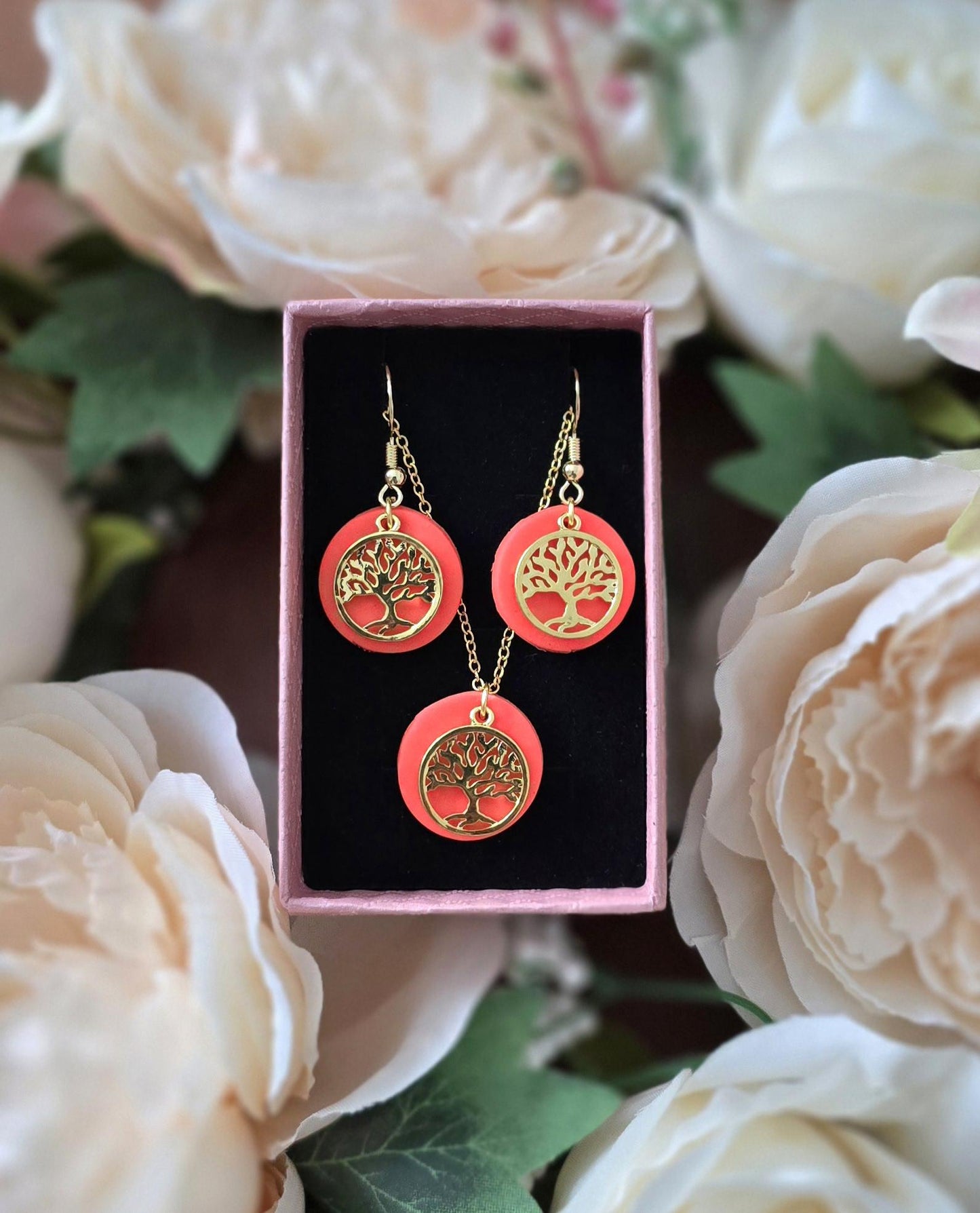 Handmade 14k gold Tree dangle drop earrings & necklace set blue, coral, pink |Polymer clay | summer statement | gift for her | light weight