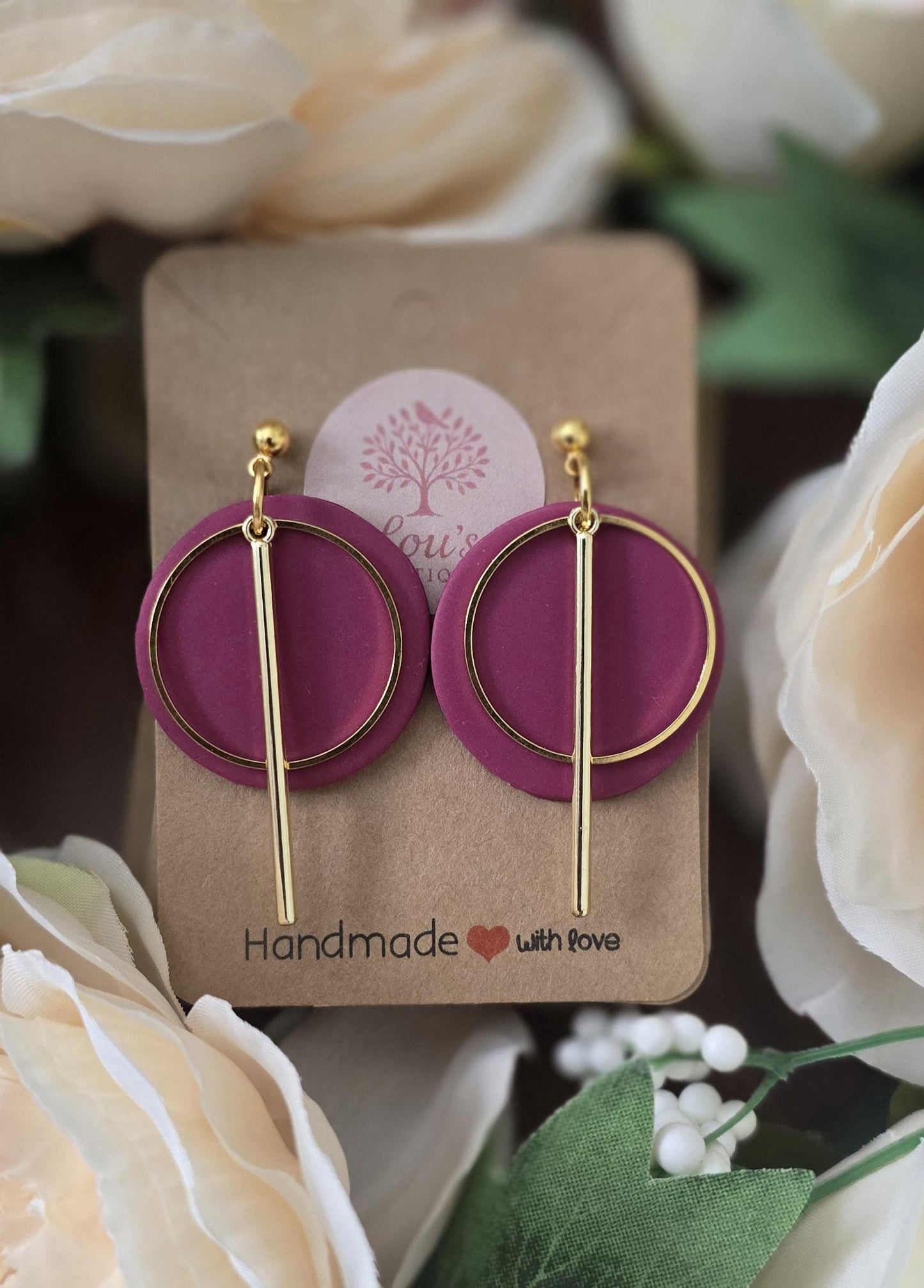 Handmade coral or purple clay & gold circle dangle drop earrings |Polymer clay |summer statement earings |gift for her |light weight earings