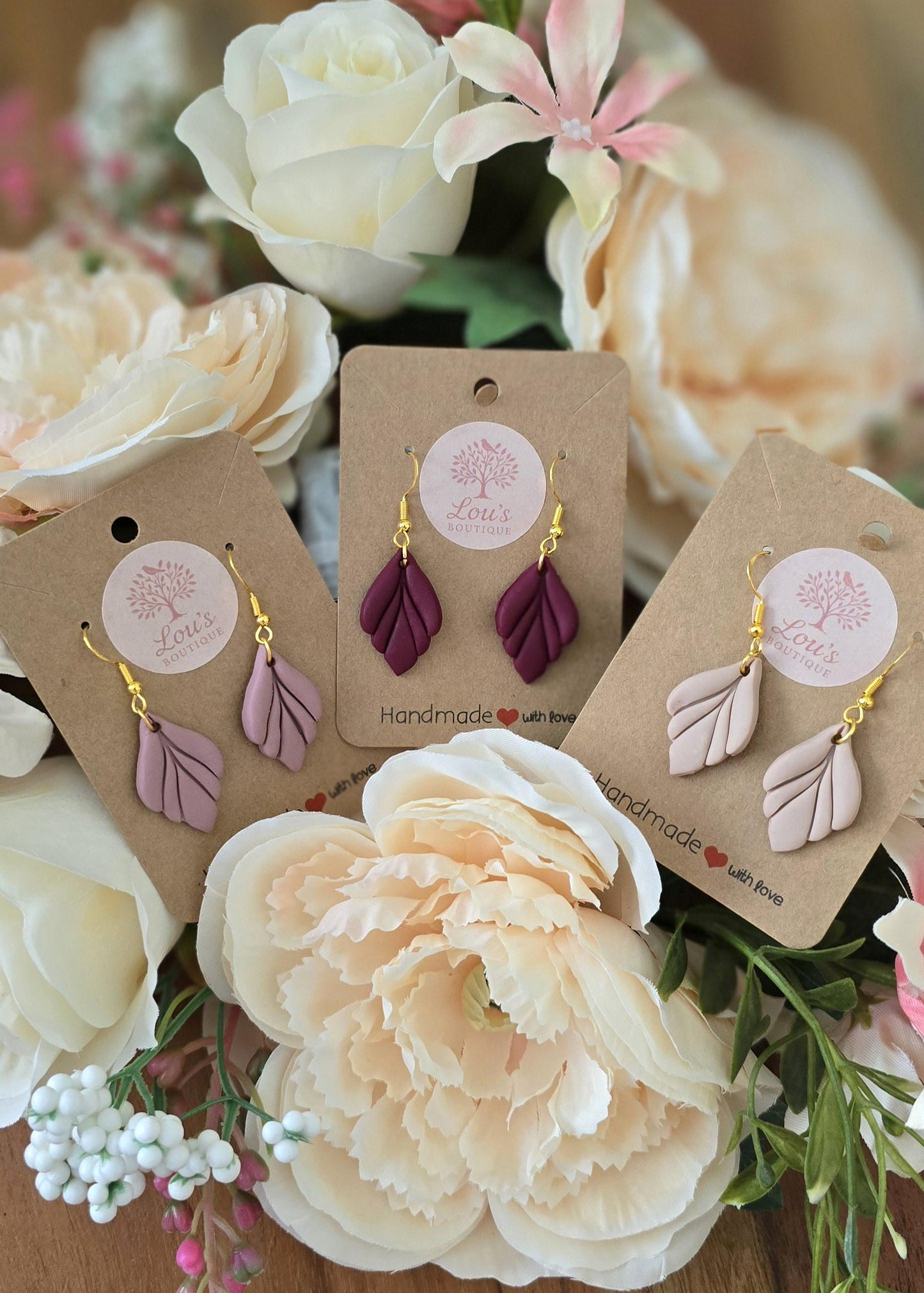 Handmade gold neutral Leaf drop earrings pink, taupe, plum |Polymer clay earrings | summer statement |gift for her |light weight boho nature