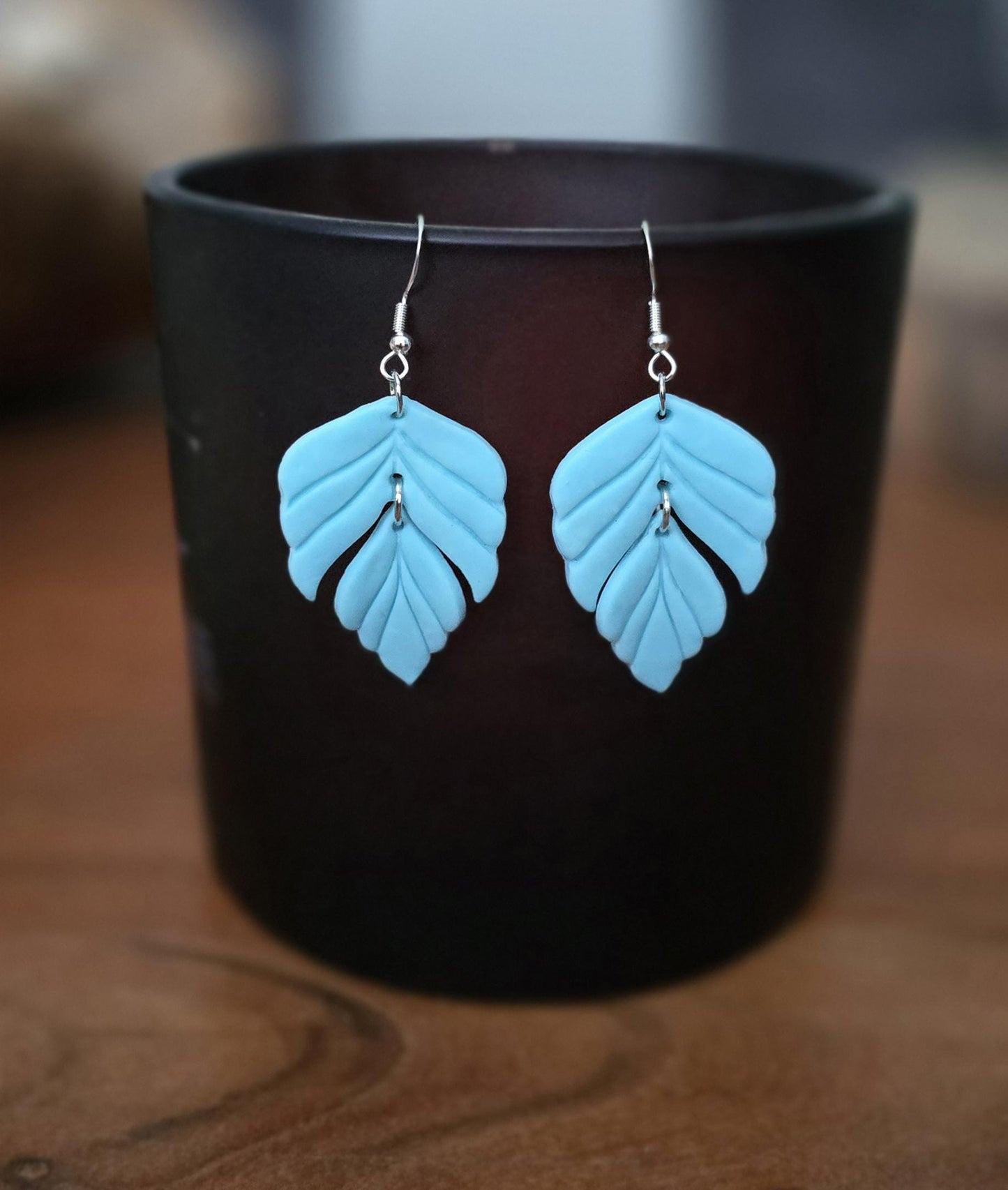 Handmade Sterling Silver Light blue leaf dangle drop earrings |Polymer clay earrings | summer statement earrings | light weight earrings