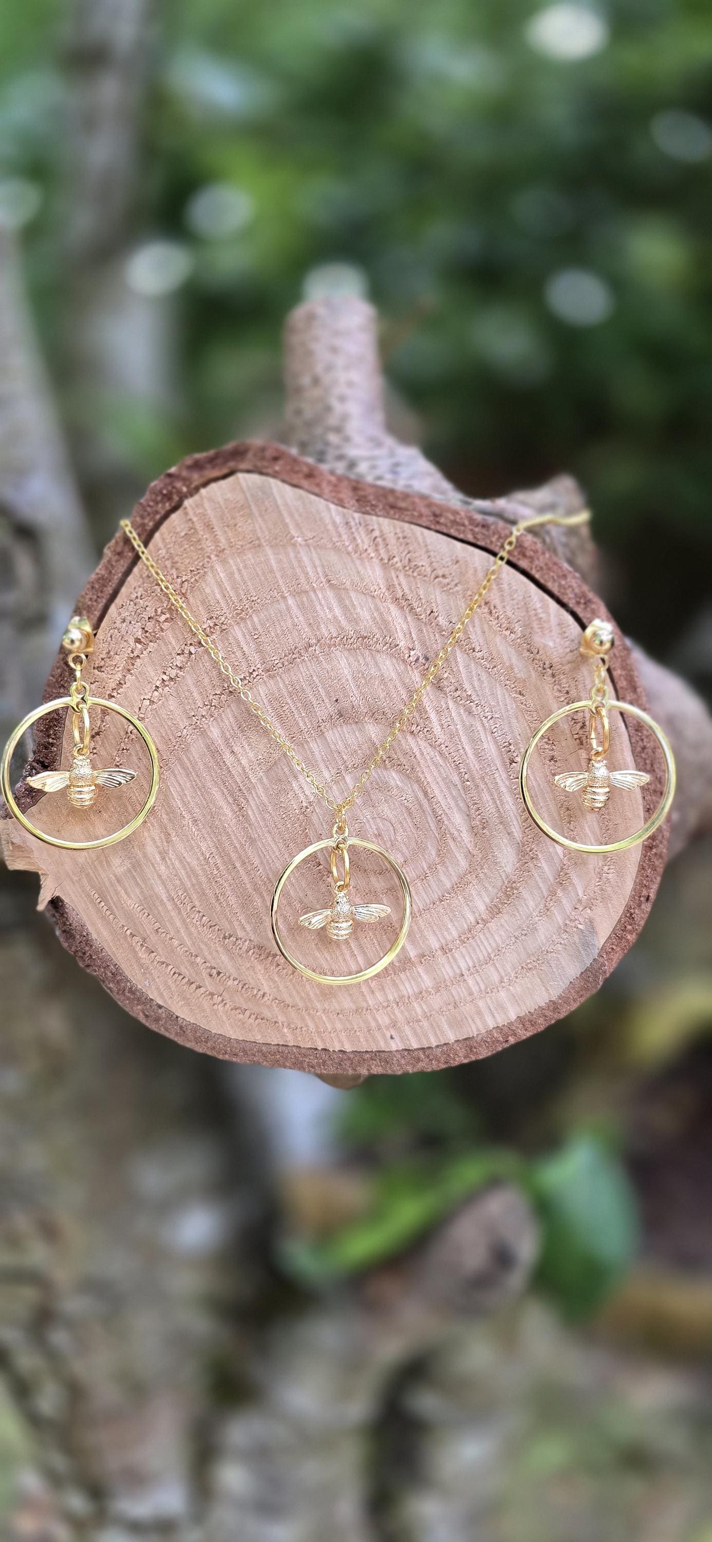 Handmade Bee in circle earrings and/or necklace, nature animal boho, 18k gold plated