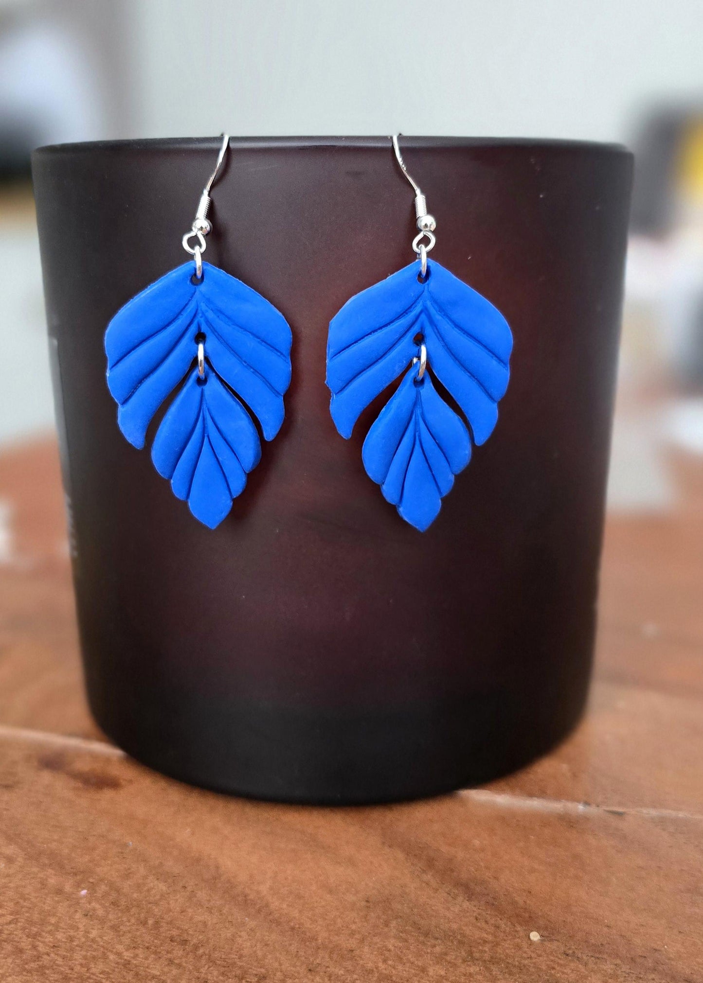 Handmade Sterling Silver Royal Blue Leaf dangle drop earrings |Polymer clay earrings | summer statement earrings | light weight earrings