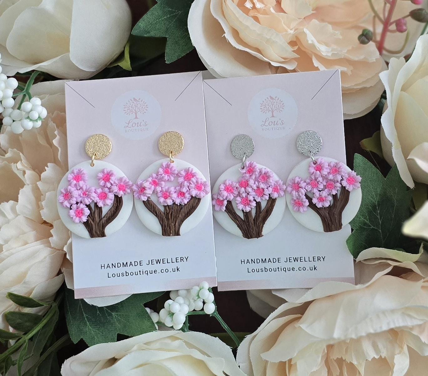 Handmade cherry blossom tree sterling silver or gold dangle stud earrings, nature inspired, lightweight earrings, gift for her, Polymer clay