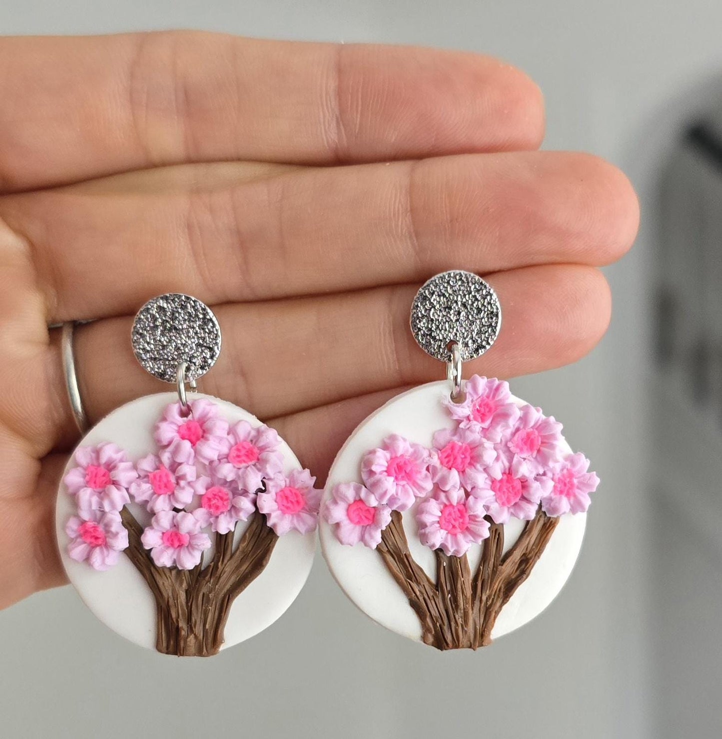 Handmade cherry blossom tree sterling silver or gold dangle stud earrings, nature inspired, lightweight earrings, gift for her, Polymer clay