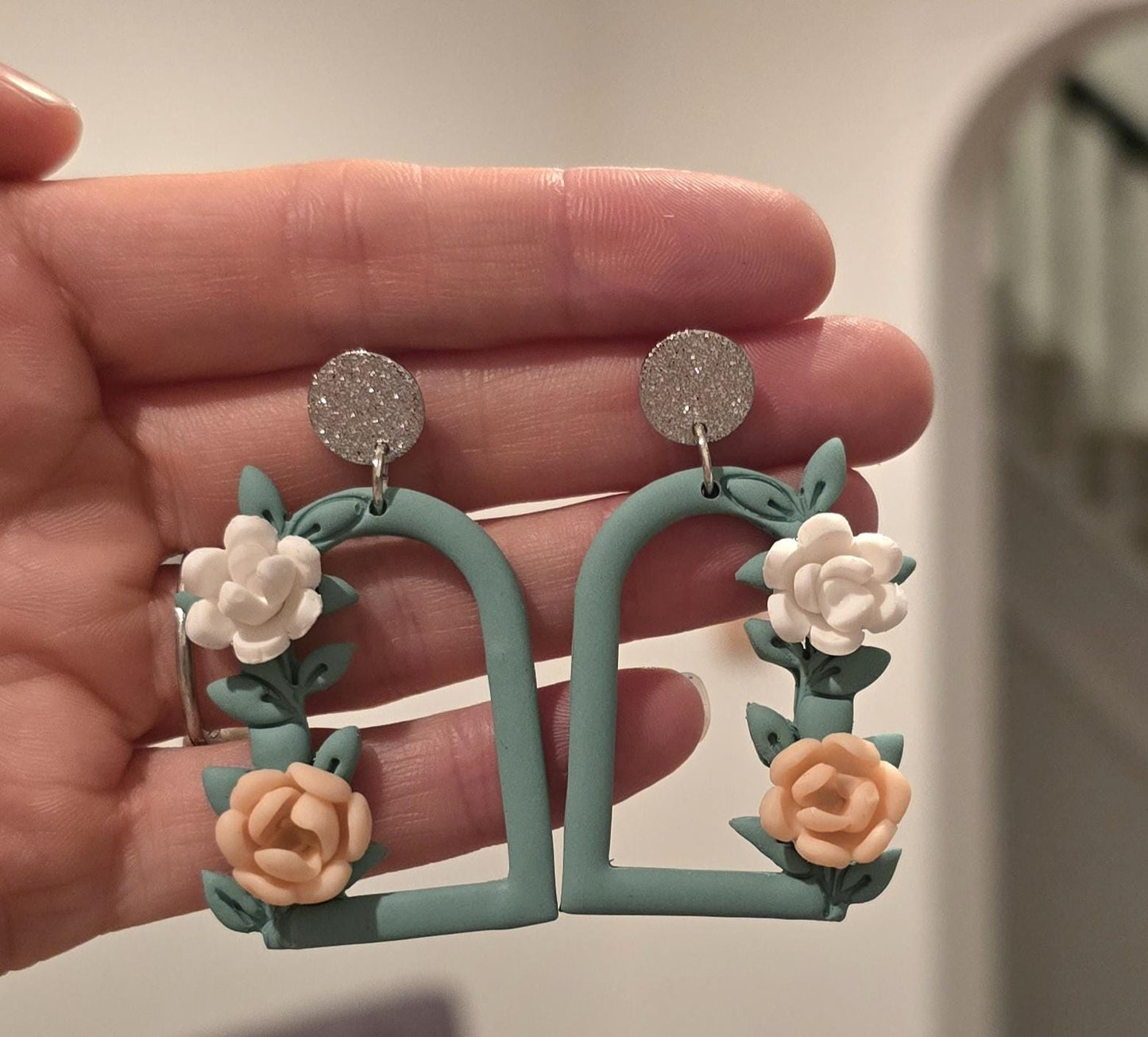 Handmade unique sage green window floral flower sterling silver or gold stud earrings | lightweight earrings | gift for her | Polymer clay