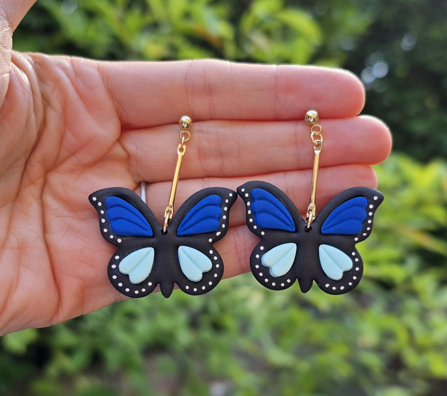 Handmade green or blue butterfly dangle drop gold stud earrings |Polymer clay earrings | summer statement | gift for her | light weight