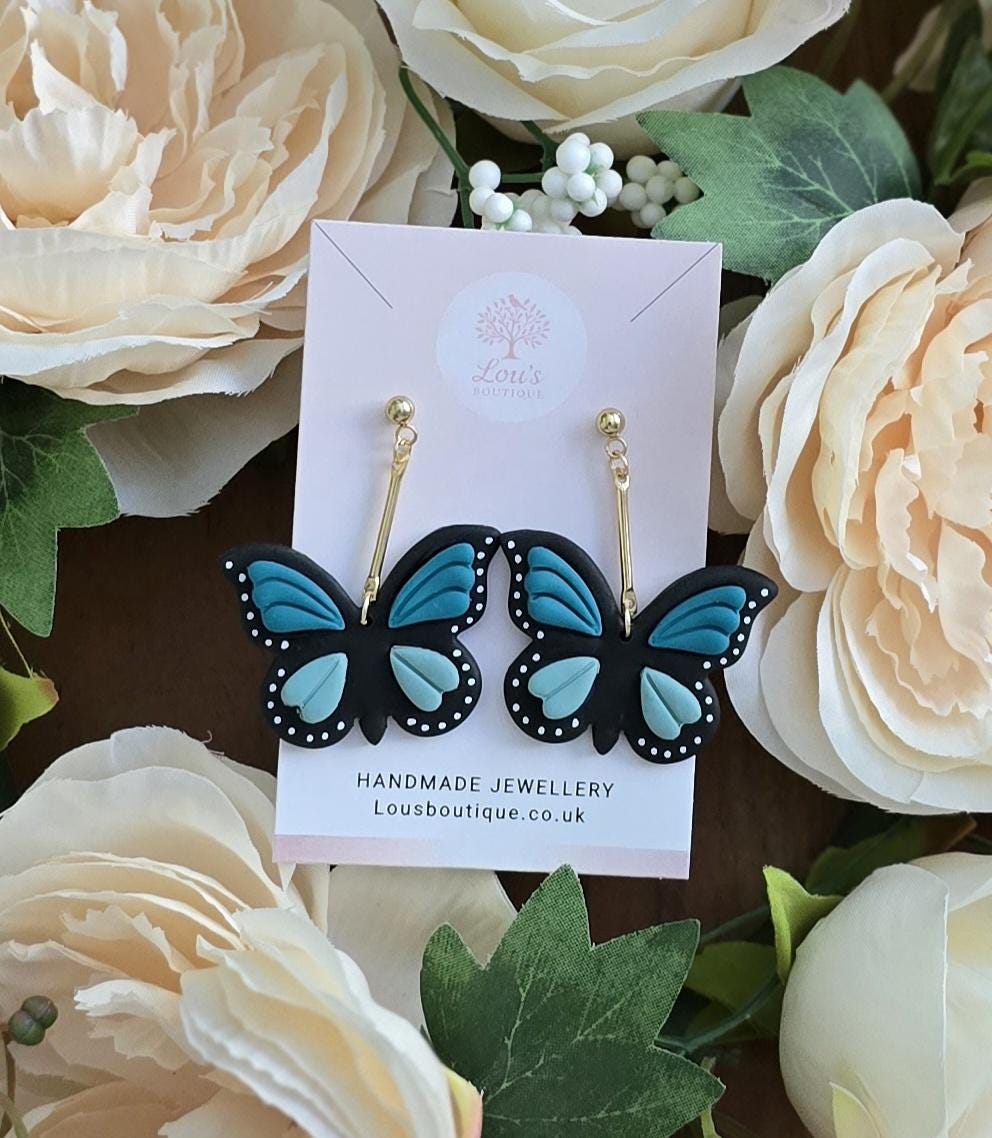 Handmade green or blue butterfly dangle drop gold stud earrings |Polymer clay earrings | summer statement | gift for her | light weight