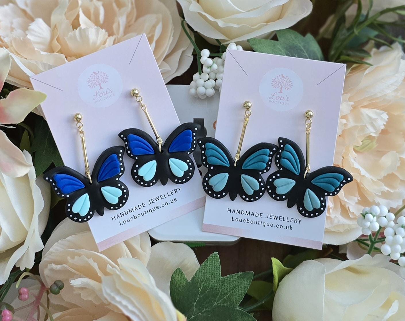Handmade green or blue butterfly dangle drop gold stud earrings |Polymer clay earrings | summer statement | gift for her | light weight