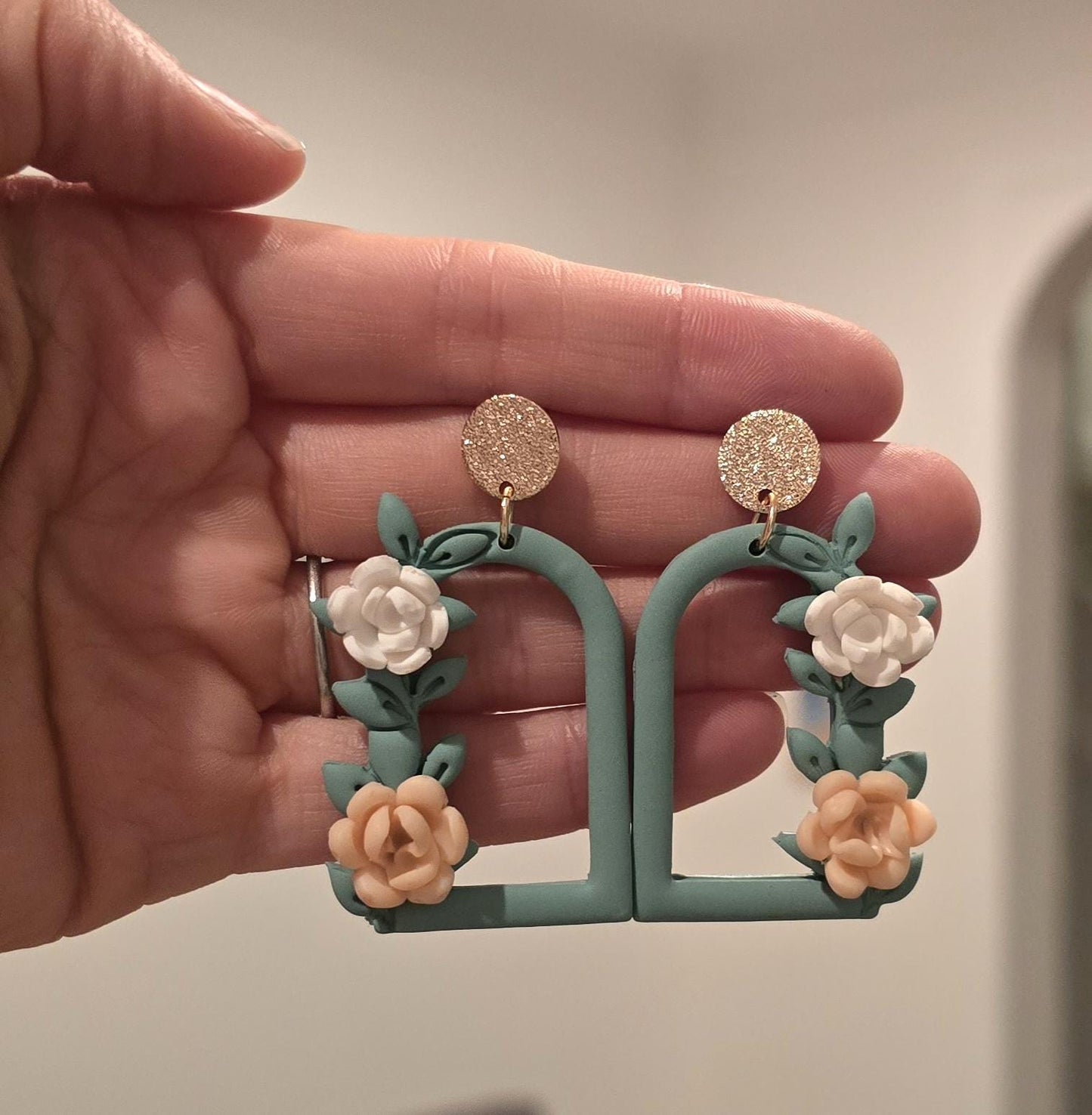 Handmade unique sage green window floral flower sterling silver or gold stud earrings | lightweight earrings | gift for her | Polymer clay