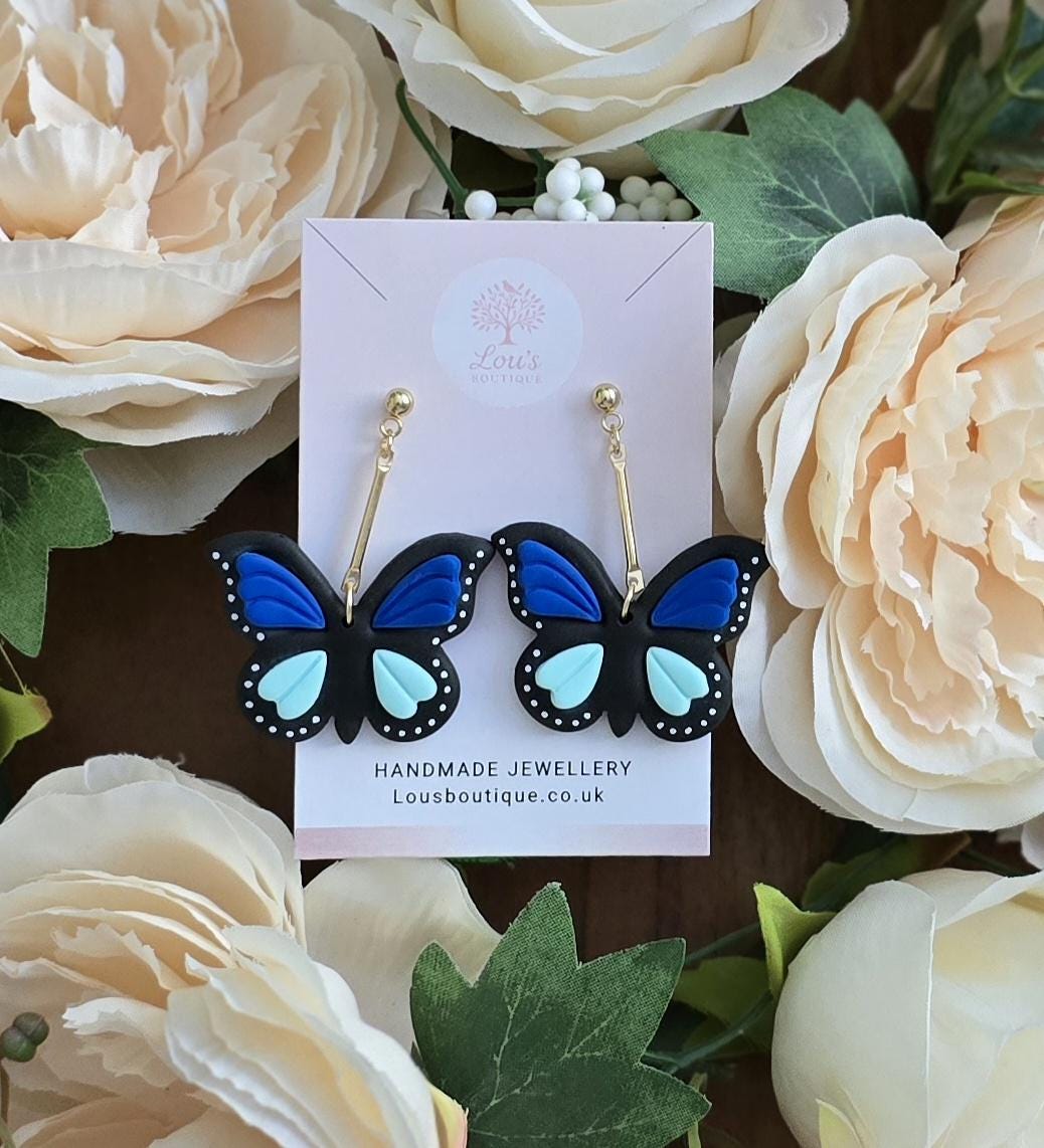 Handmade green or blue butterfly dangle drop gold stud earrings |Polymer clay earrings | summer statement | gift for her | light weight