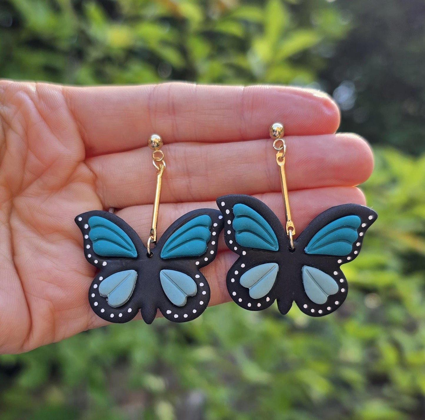 Handmade green or blue butterfly dangle drop gold stud earrings |Polymer clay earrings | summer statement | gift for her | light weight