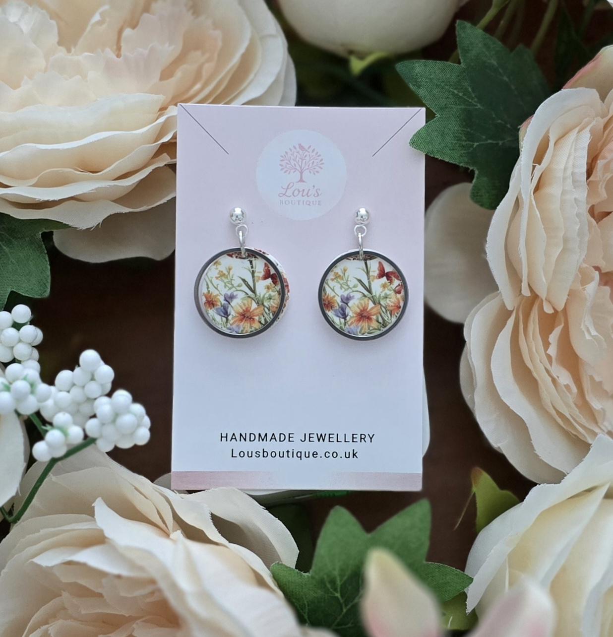 Handmade Circle Floral Polymer Clay Dangle Stud Earrings: Gold or Sterling Silver