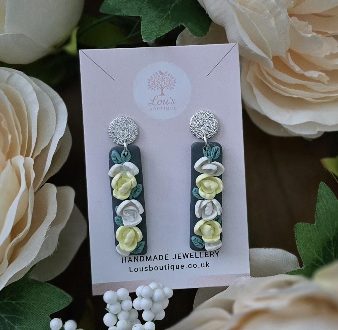 Handmade Daisy Grey Floral Polymer Clay Dangle Earrings