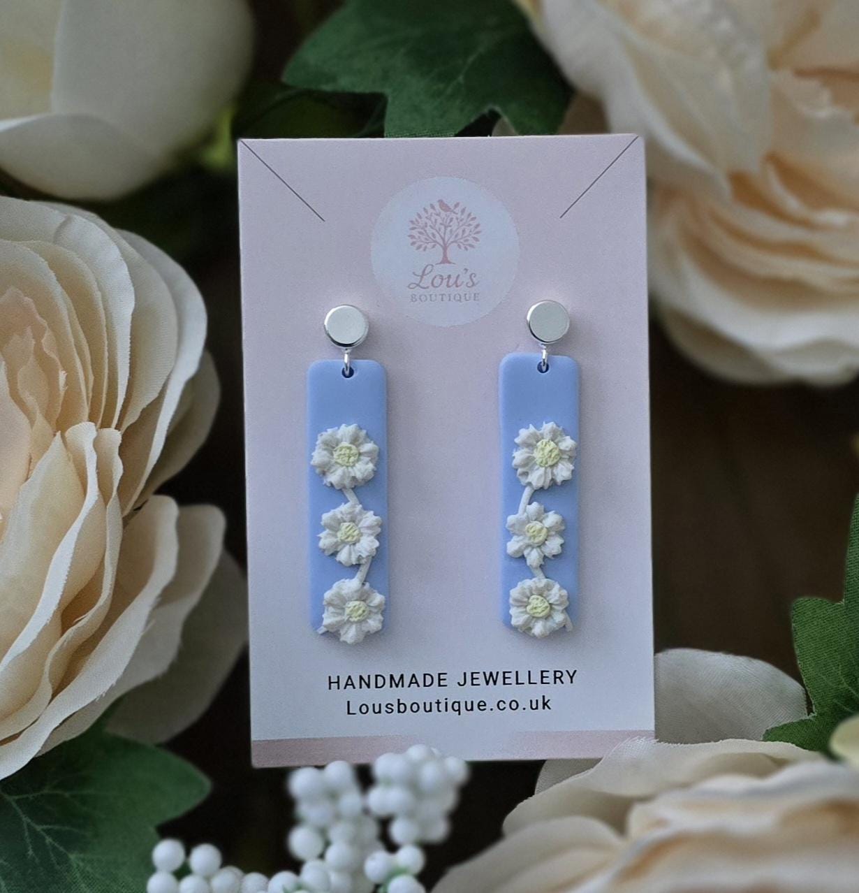 Handmade Blue Floral Daisy Drop Earrings: Polymer Clay Dangle studs, 18k Gold or Silver plated