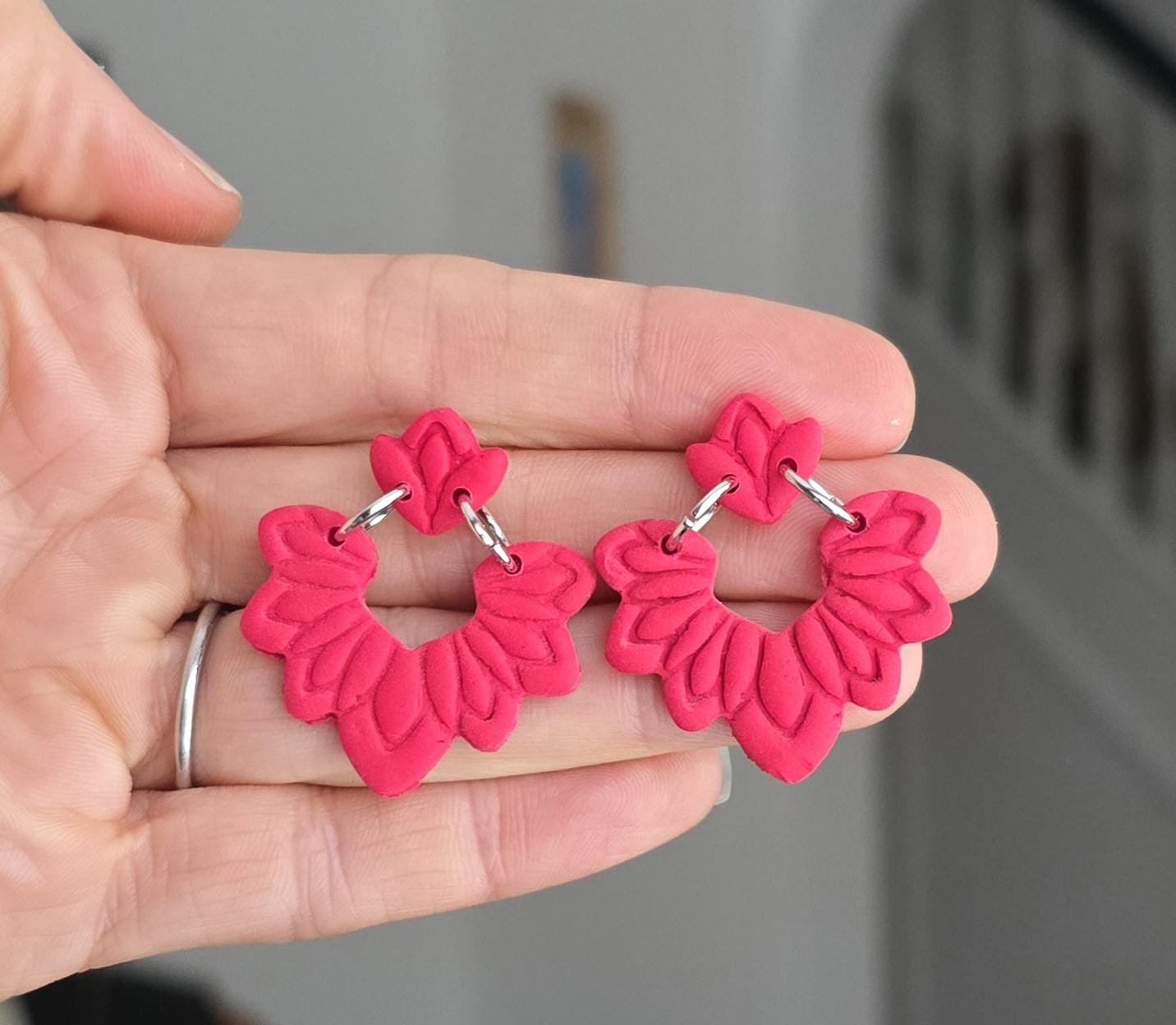 Handmade Red Floral dangle studs | Polymer Clay, Sterling Silver Plated