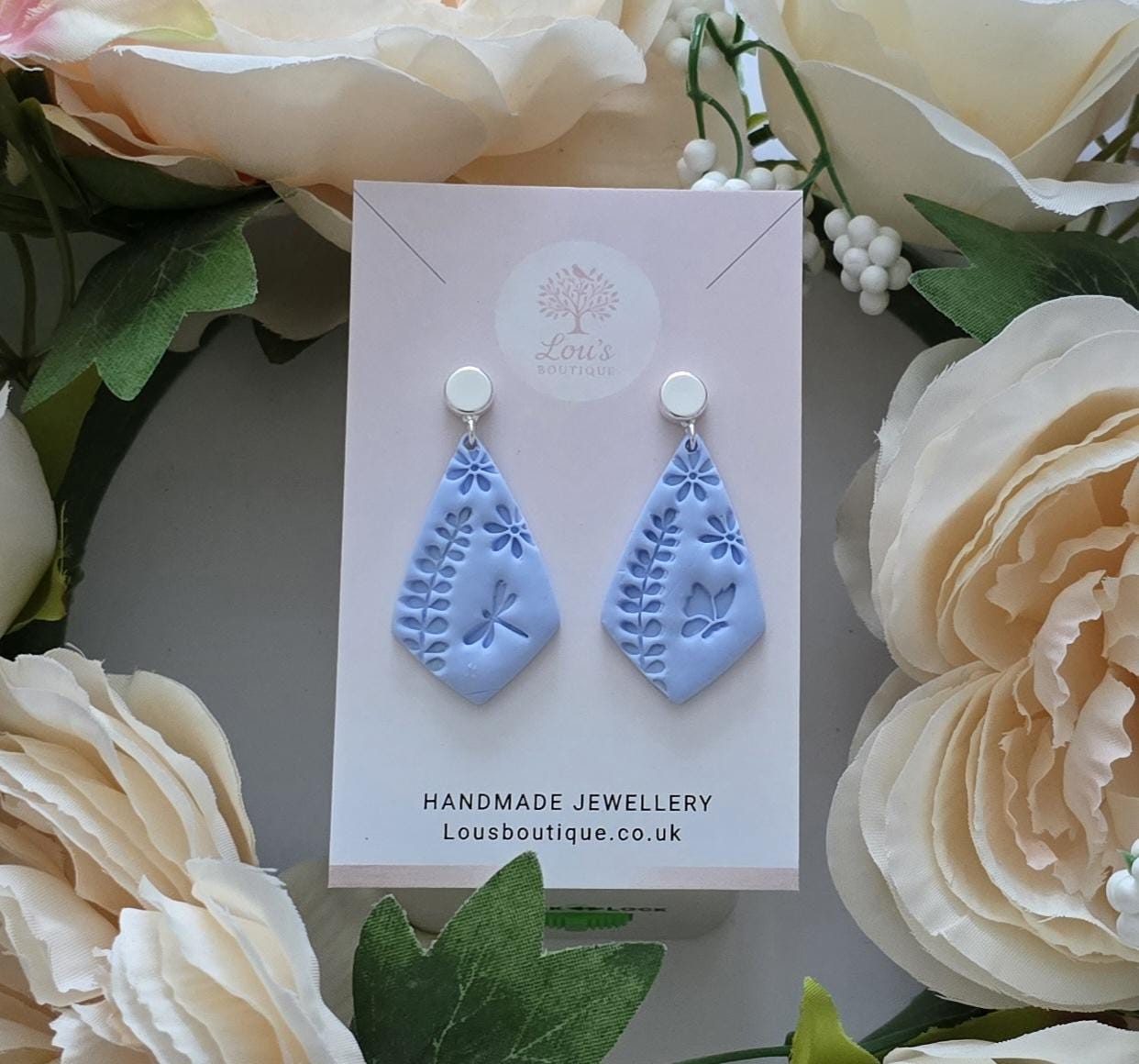 Handmade Blue floral butterfly dragonfly Earrings | Polymer Clay, silver studs