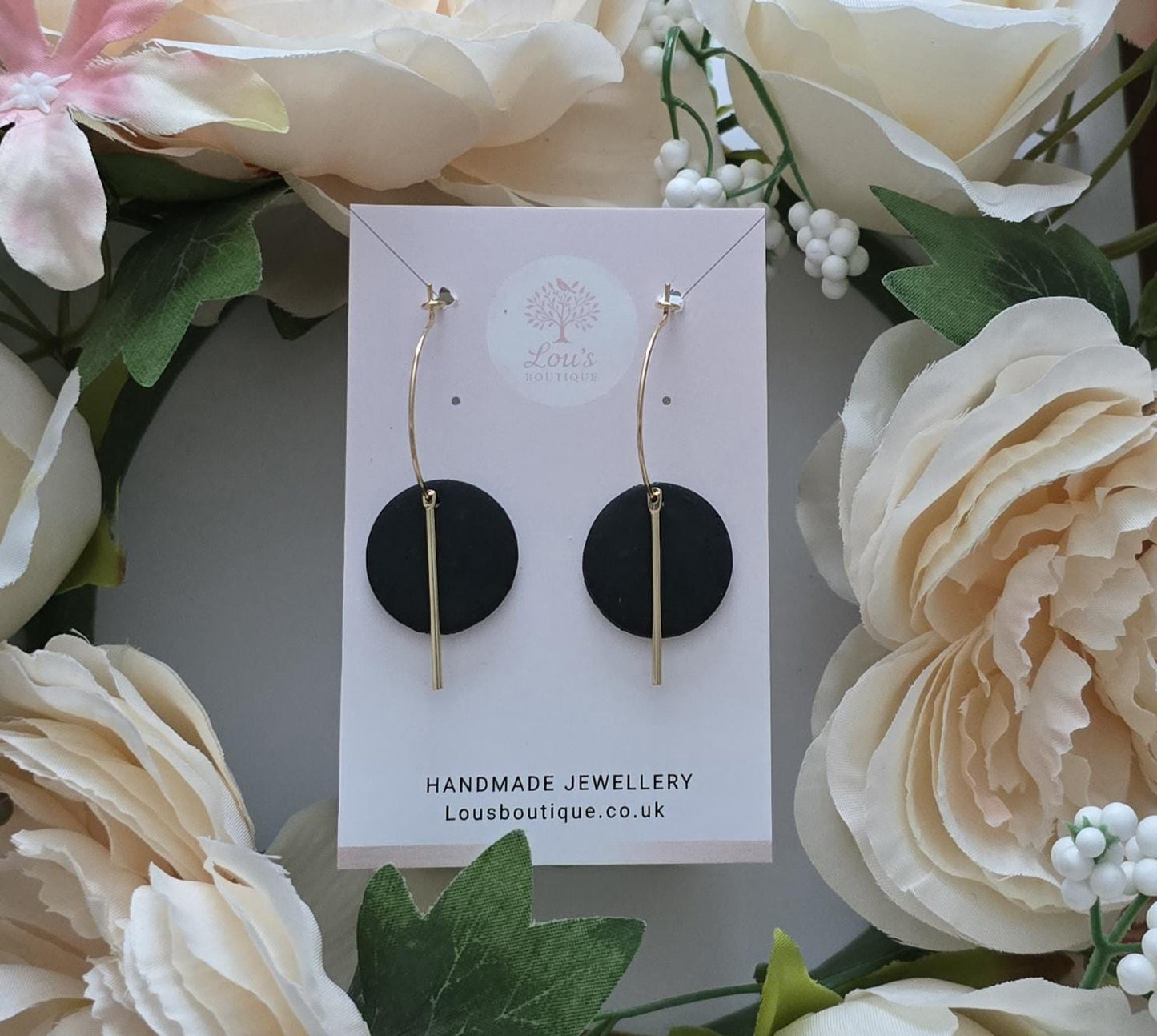 Handmade Black, White or Beige 18k Gold Circle Bar Hoop Earrings, Polymer Clay