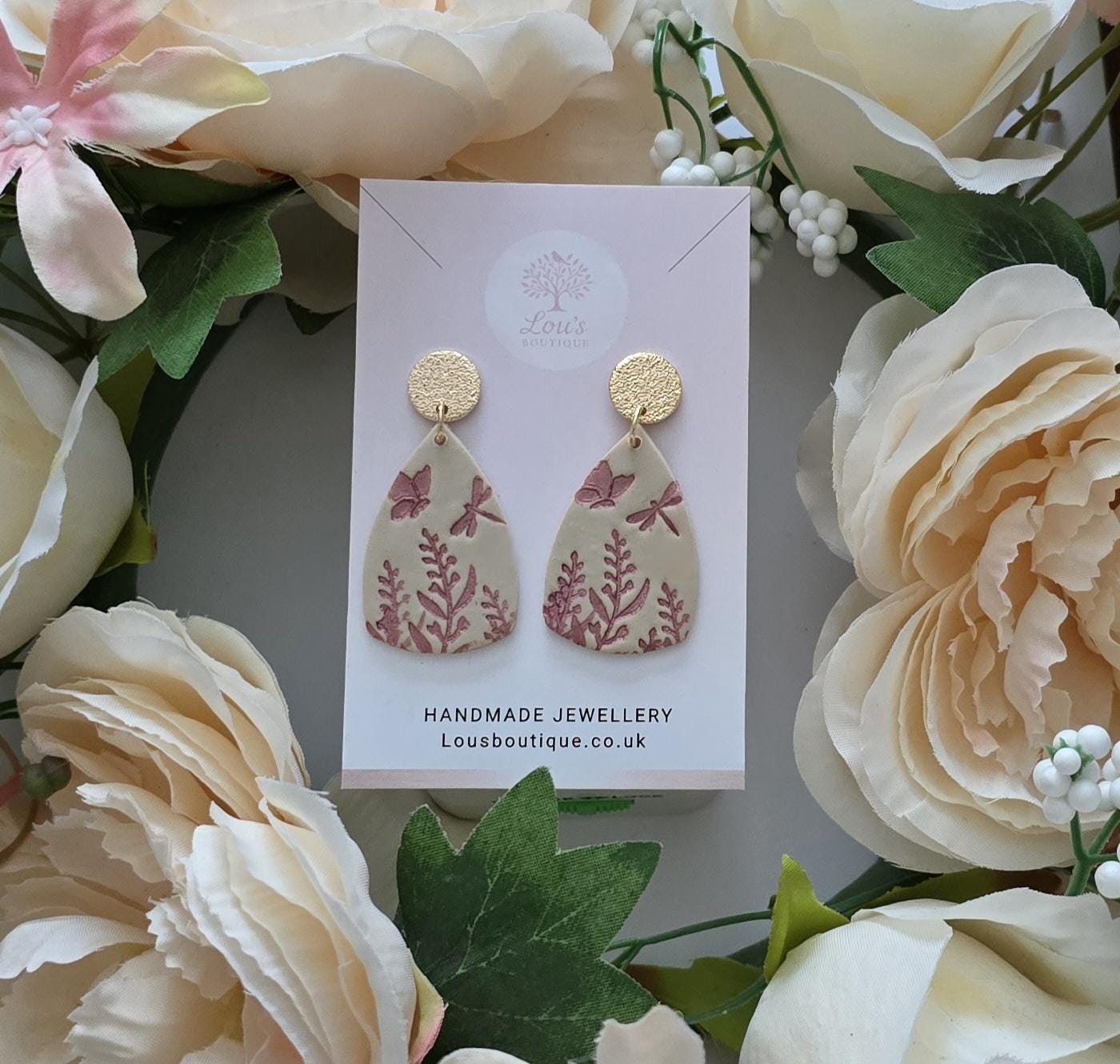 Handmade Beige Tan floral glitter drop earrings, Polymer Clay, 18k gold plated