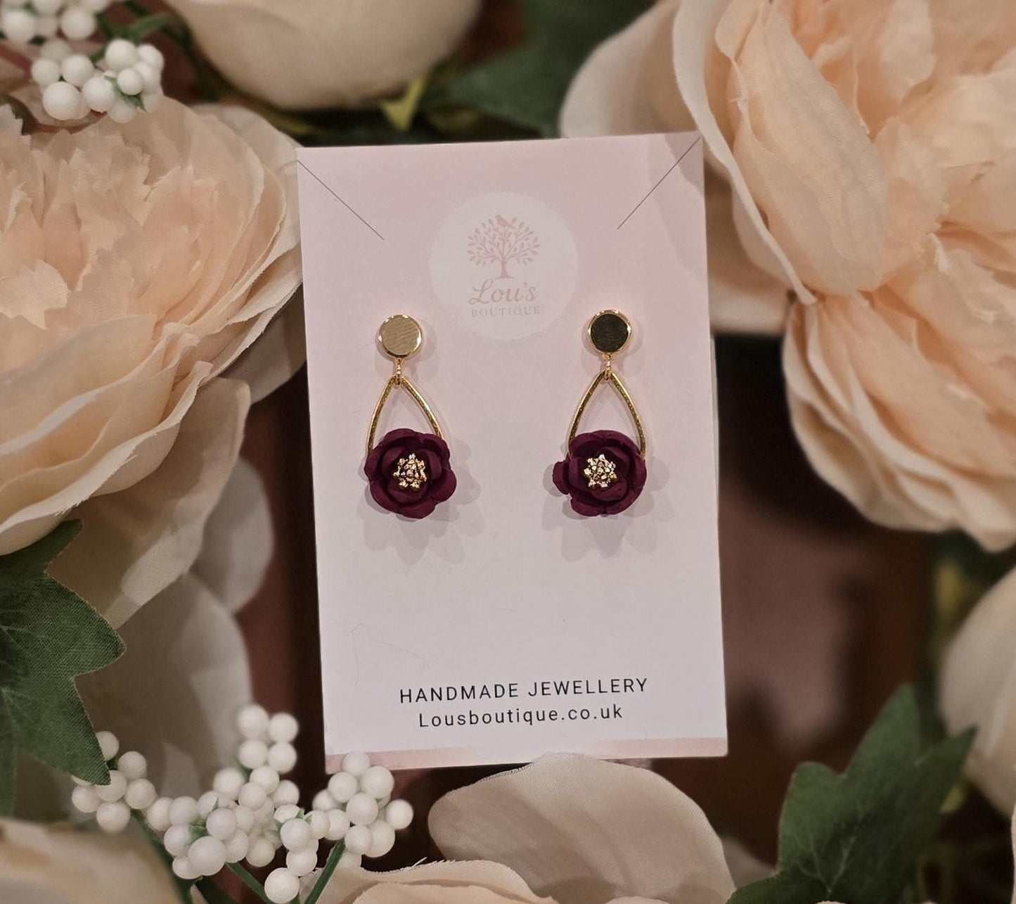 Handmade teardrop Floral Polymer Clay Dangle Earrings, Lightweight Stud Earrings, Gold Plated