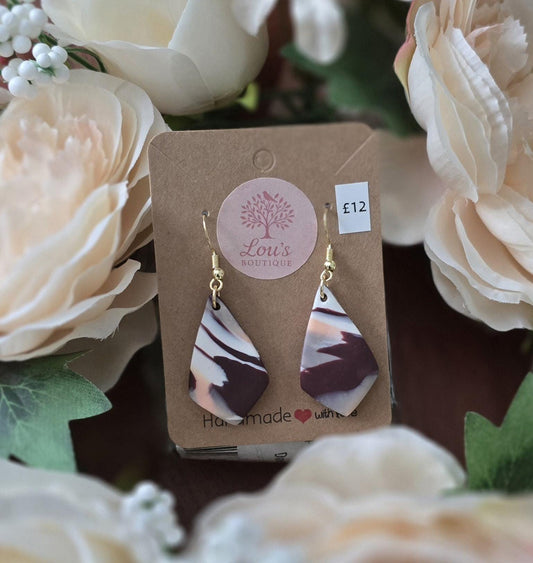 Handmade gold peach, purple, white marble effect drop earrings |Polymer clay |summer statement earrings |gift for her |light weight earrings