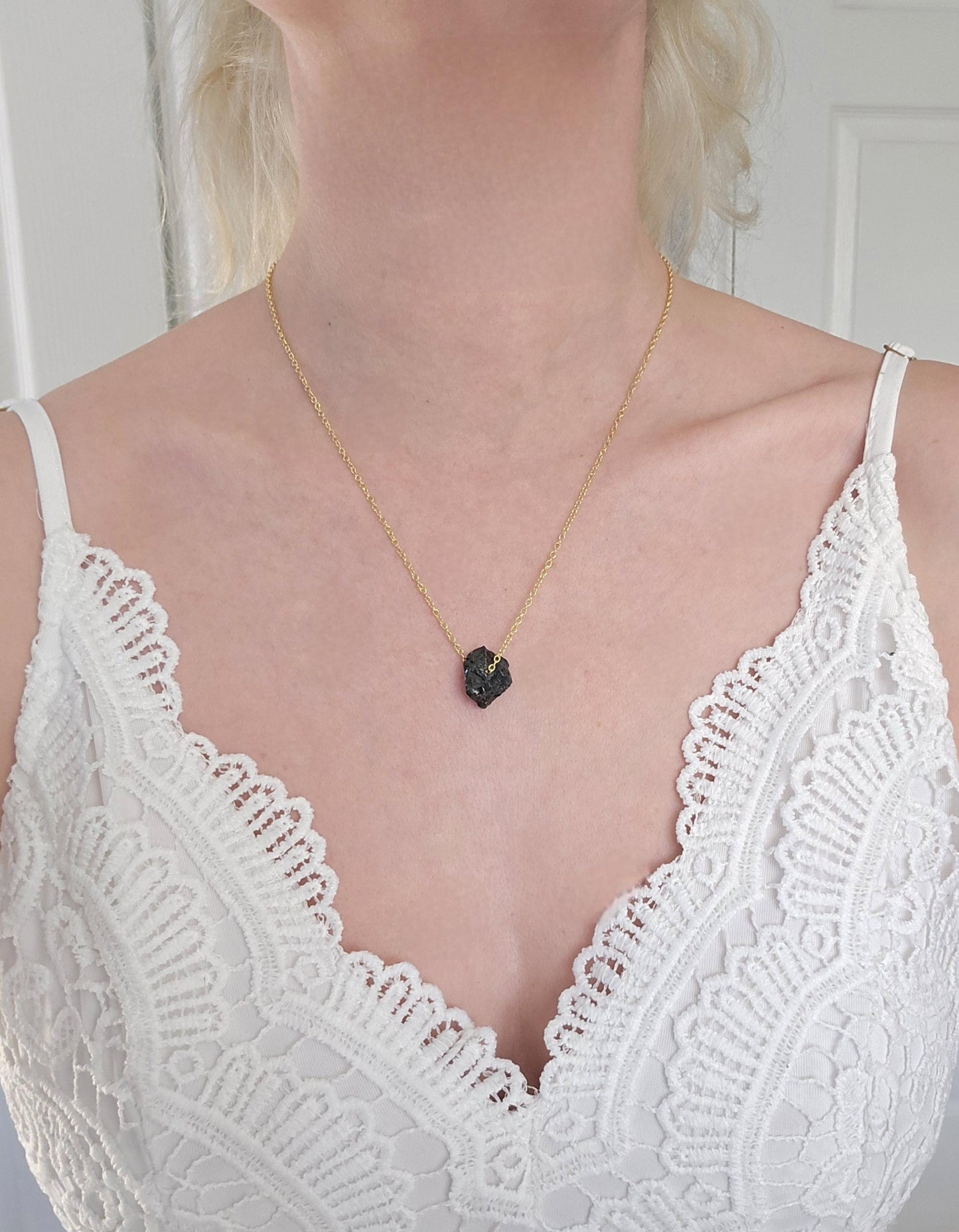 Handmade Raw Black Tourmaline crystal necklace | sterling silver & gold | healing powerful necklace |reduce anxiety, stress and protection