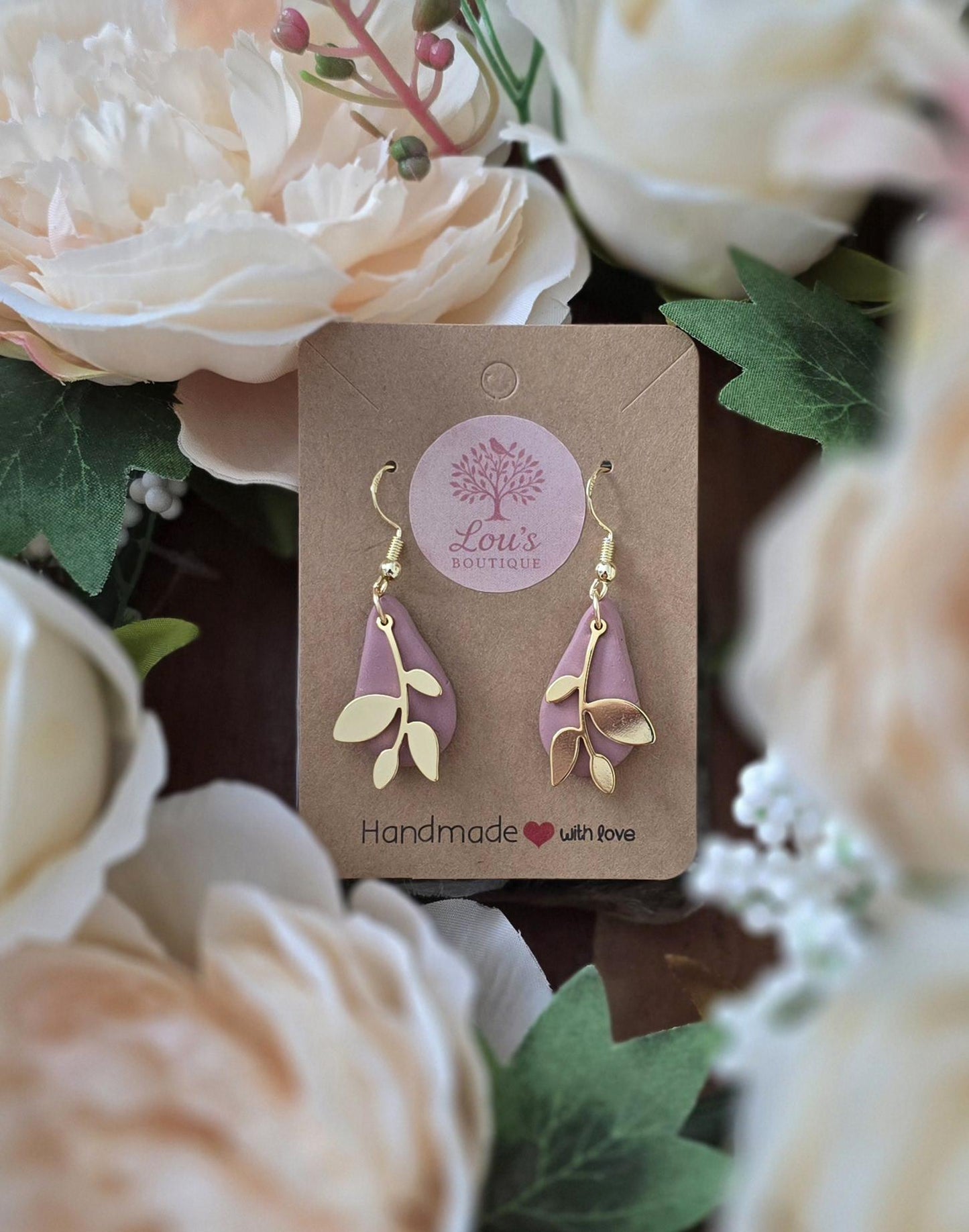 Handmade Gold teardrop & leaf drop earrings coral |Polymer clay earrings | summer statement earrings | gift for her | light weight earrings