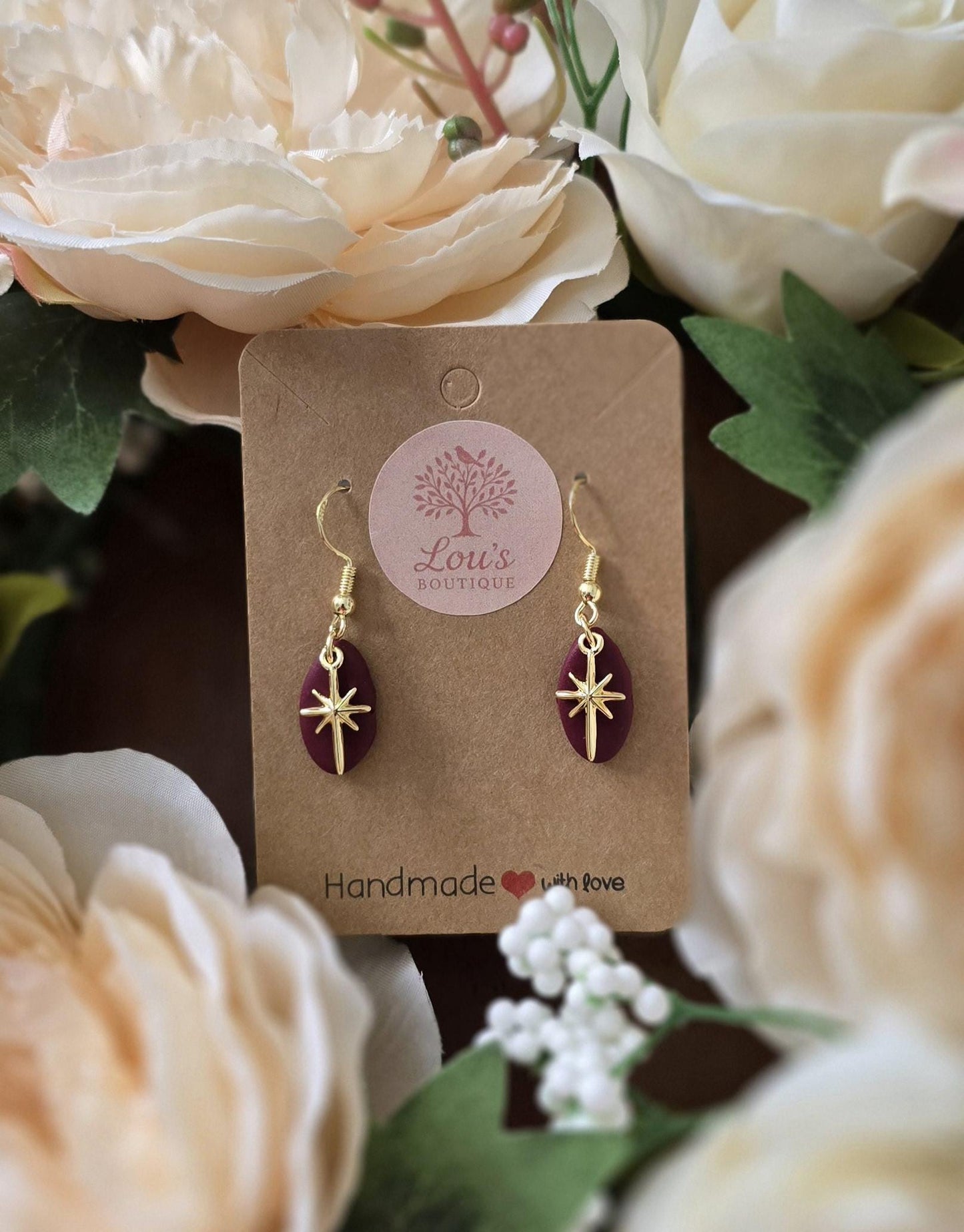 Handmade Gold or silver star drop earrings coral, plum, mint |Polymer clay | summer statement earrings| gift for her | light weight earrings