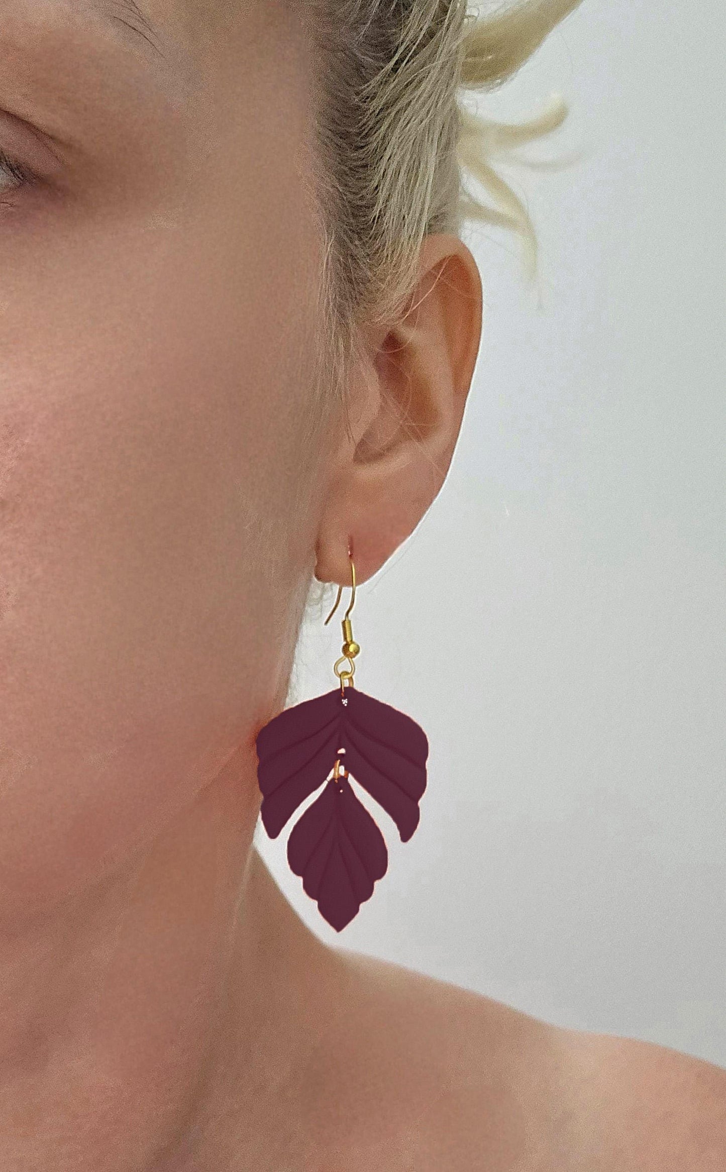 Handmade Gold Purple Leaf dangle drop earrings |Polymer clay earrings | summer statement earrings | gift for her | light weight earrings