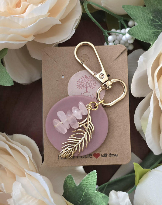 Handmade circle rose quartz & gold feather bag charm, keyring |Polymer clay |summer statement charms |gift for her | dream catcher charm