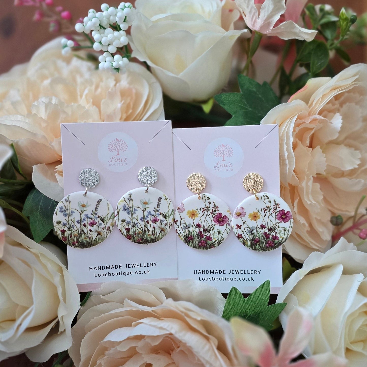 Handmade 14k Gold circle round flower floral gold circle stud earrings |Polymer clay earrings | summer statement earrings | light weight earrings