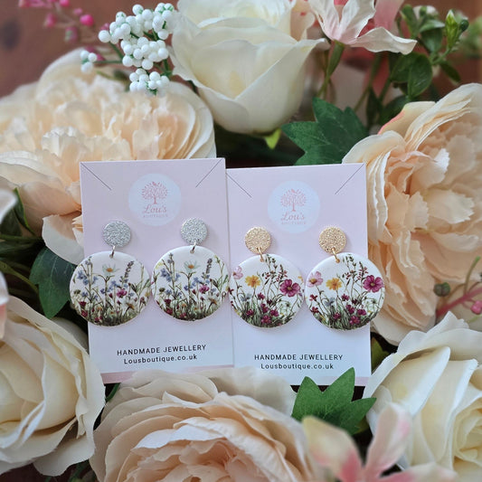 Handmade 14k Gold circle round flower floral gold circle stud earrings |Polymer clay earrings | summer statement earrings | light weight earrings