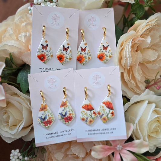 Handmade 14k Gold teardrop flower floral butterfly half hoop stud earrings |Polymer clay earrings | summer statement earrings | light weight earrings